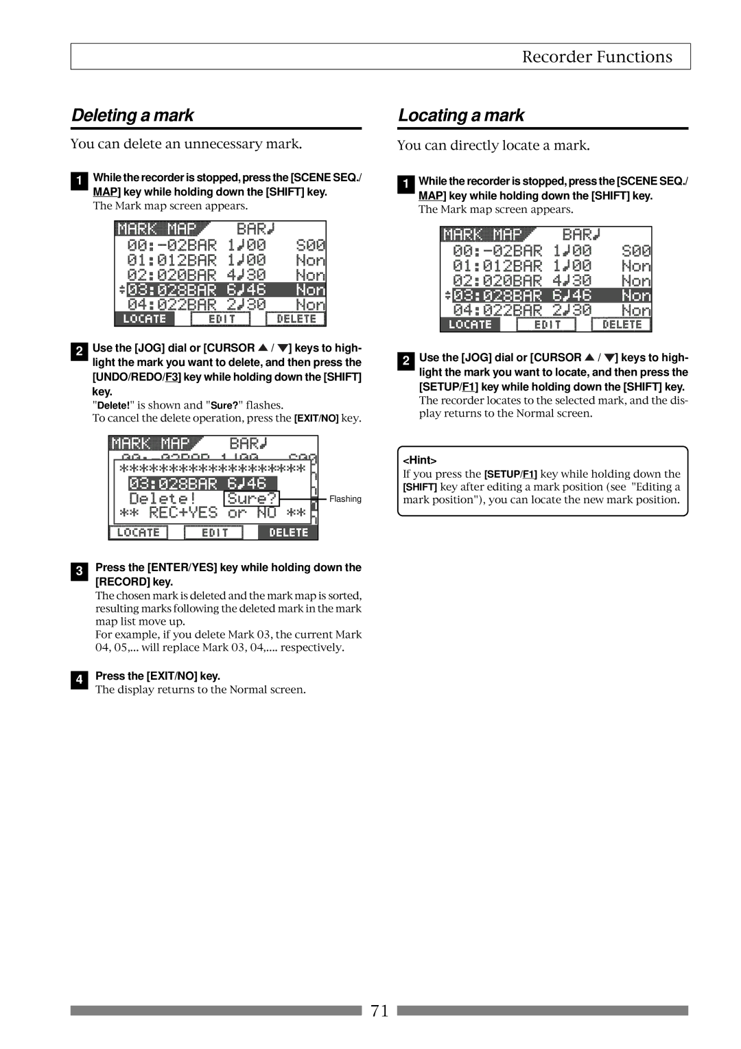 Fostex VF80 owner manual Deleting a mark, Locating a mark, UNDO/REDO/F3 key while holding down the Shift key 