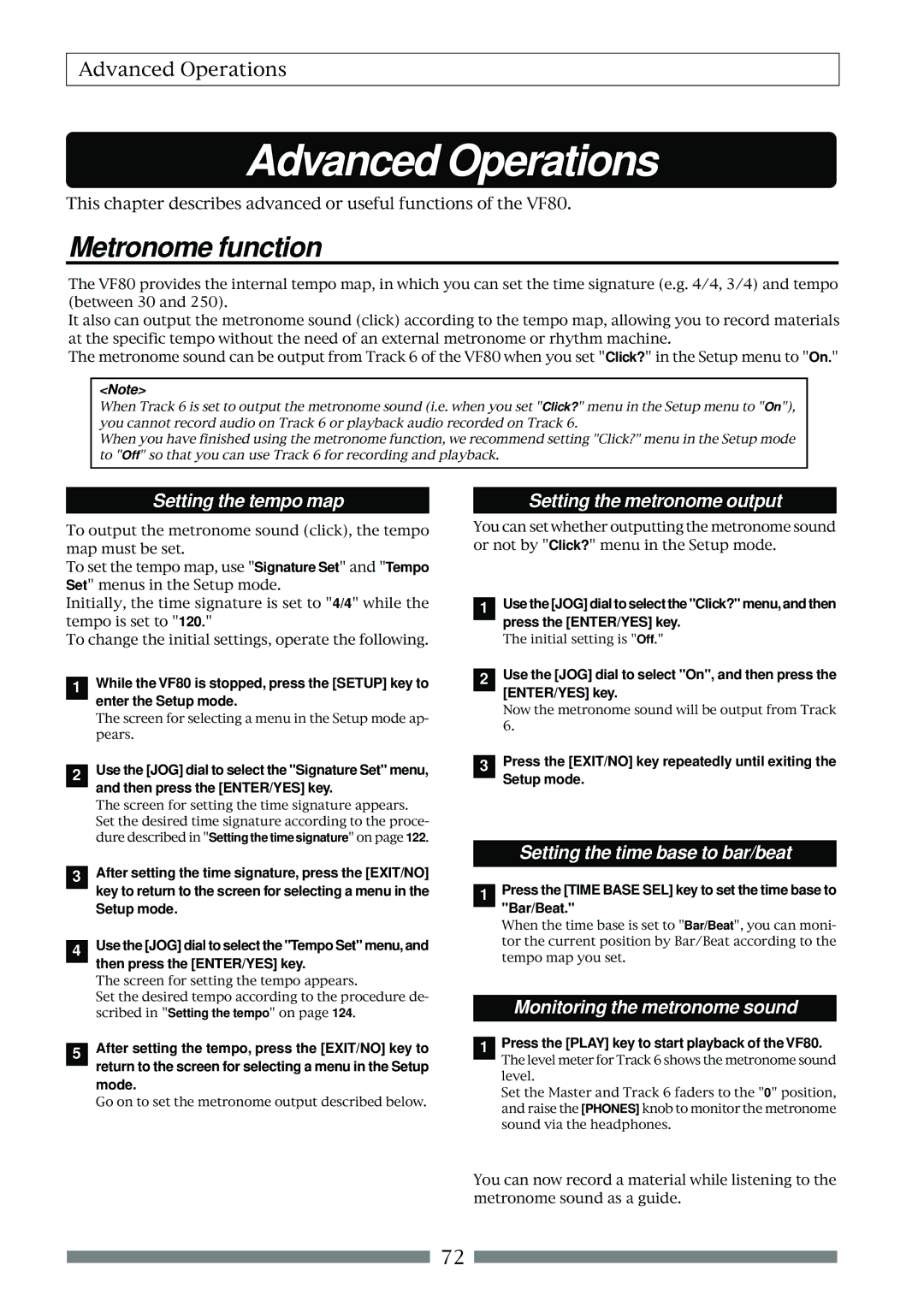 Fostex VF80 Metronome function, Setting the tempo map, Setting the metronome output, Setting the time base to bar/beat 
