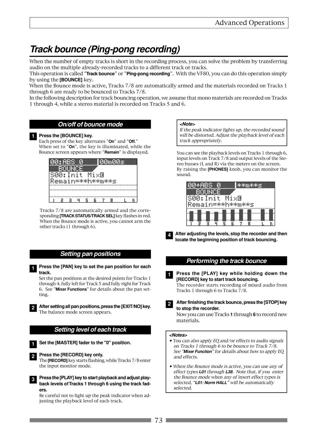 Fostex VF80 Track bounce Ping-pong recording, On/off of bounce mode, Setting pan positions, Setting level of each track 
