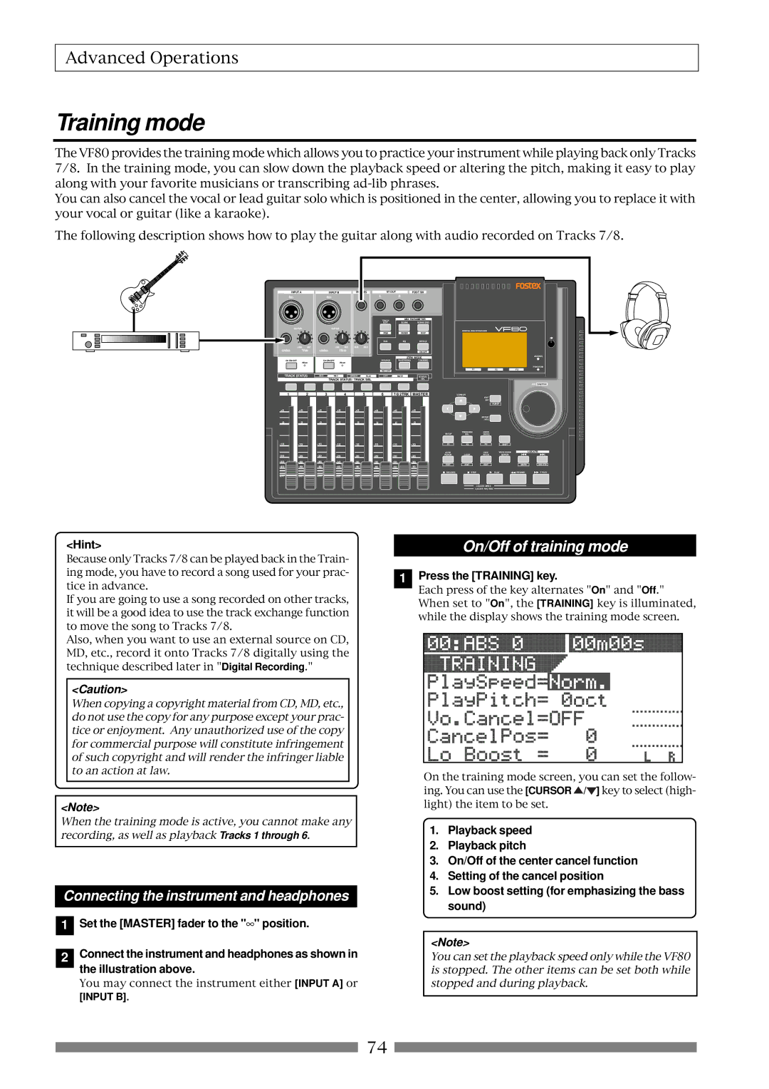 Fostex VF80 owner manual Training mode, On/Off of training mode, Press the Training key 