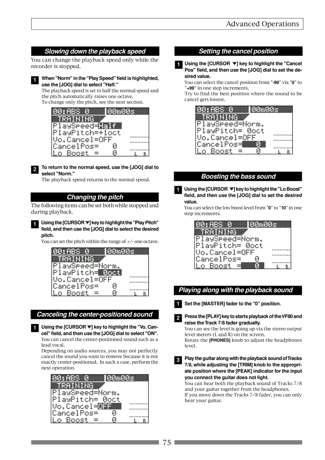 Fostex VF80 Slowing down the playback speed, Setting the cancel position, Changing the pitch, Boosting the bass sound 