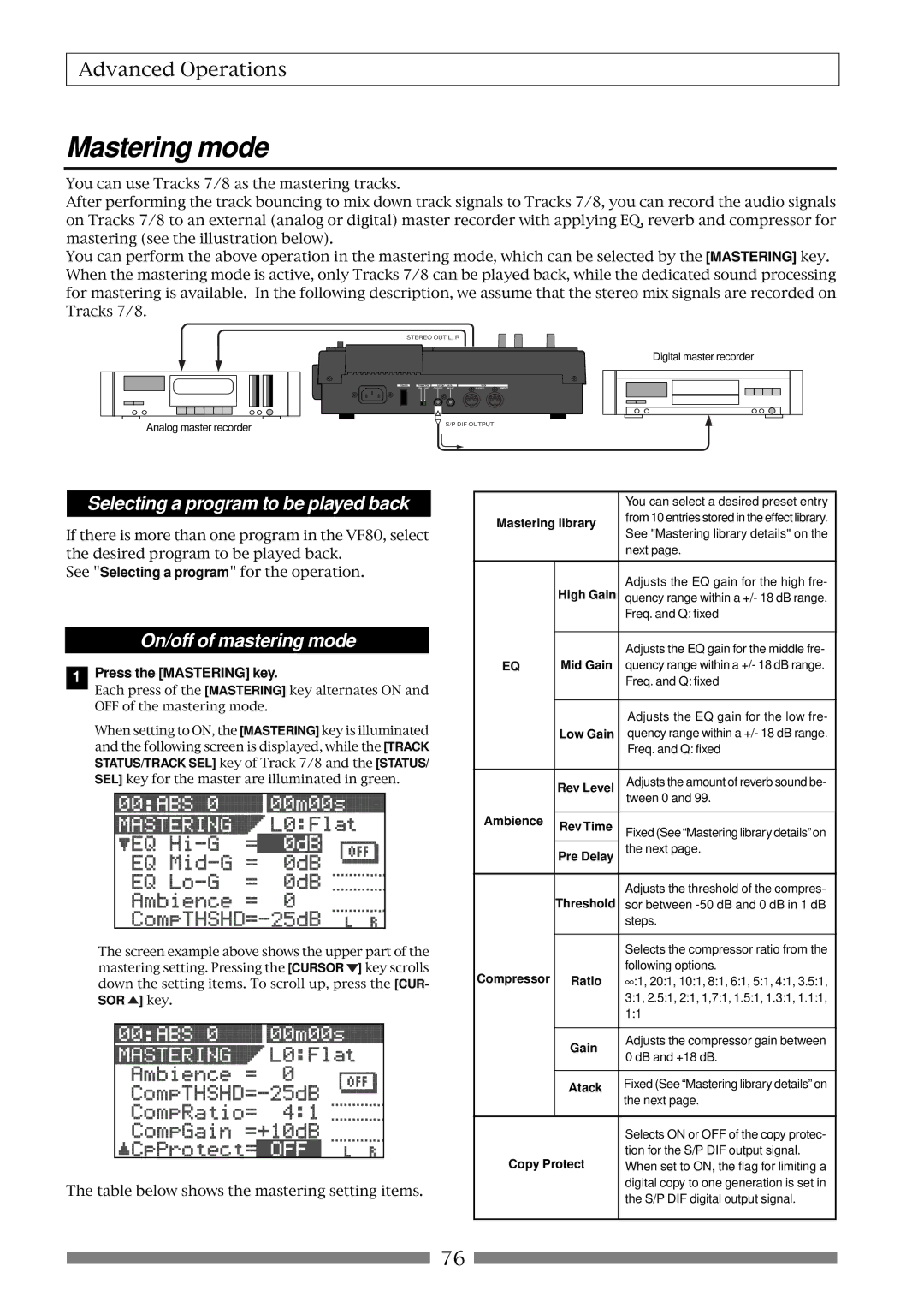 Fostex VF80 Mastering mode, Selecting a program to be played back, On/off of mastering mode, Press the Mastering key 