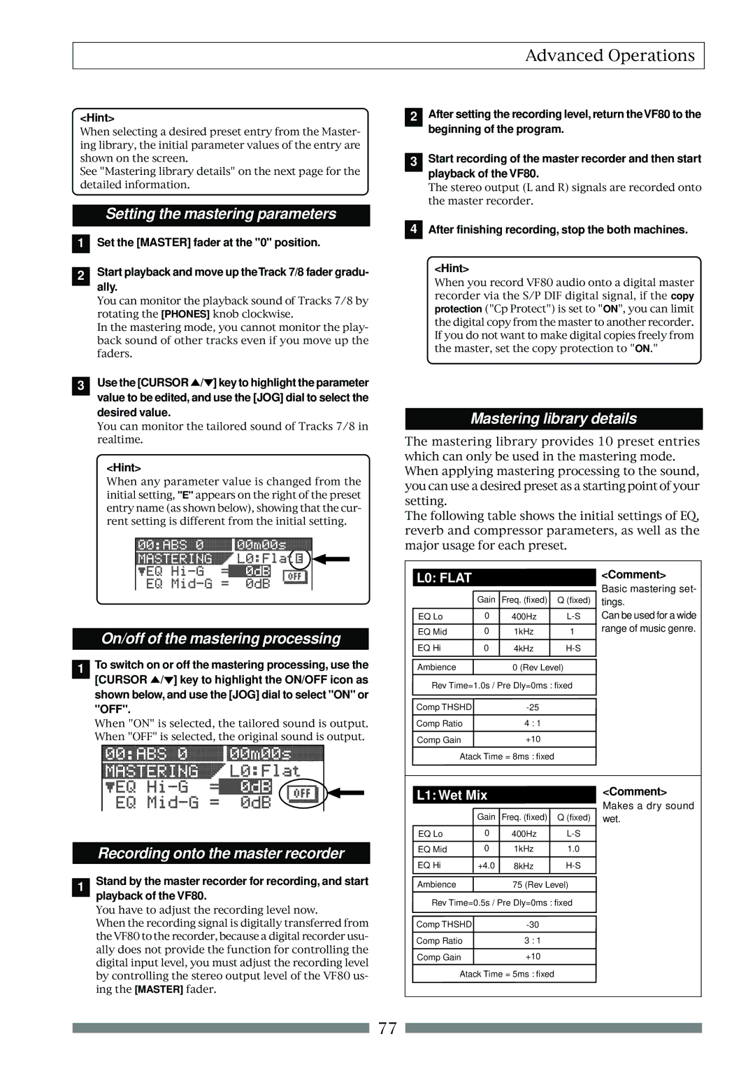 Fostex VF80 Setting the mastering parameters, On/off of the mastering processing, Recording onto the master recorder 