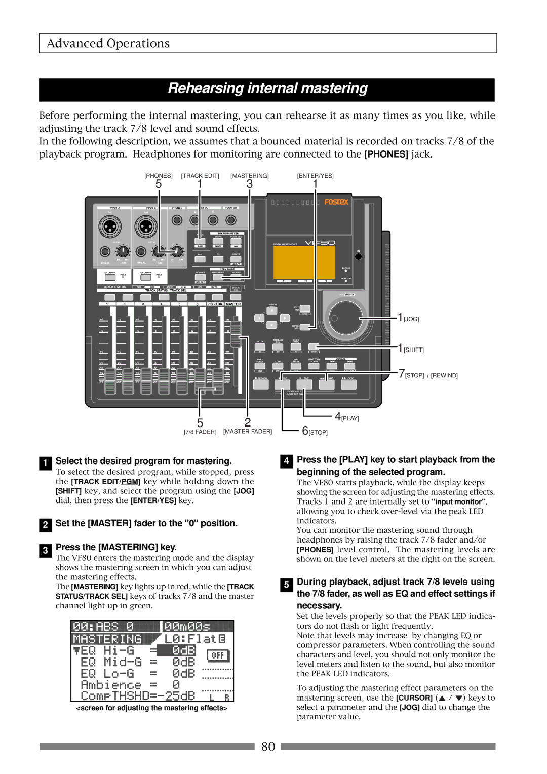 Fostex VF80 owner manual Select the desired program for mastering, Necessary, Screen for adjusting the mastering effects 