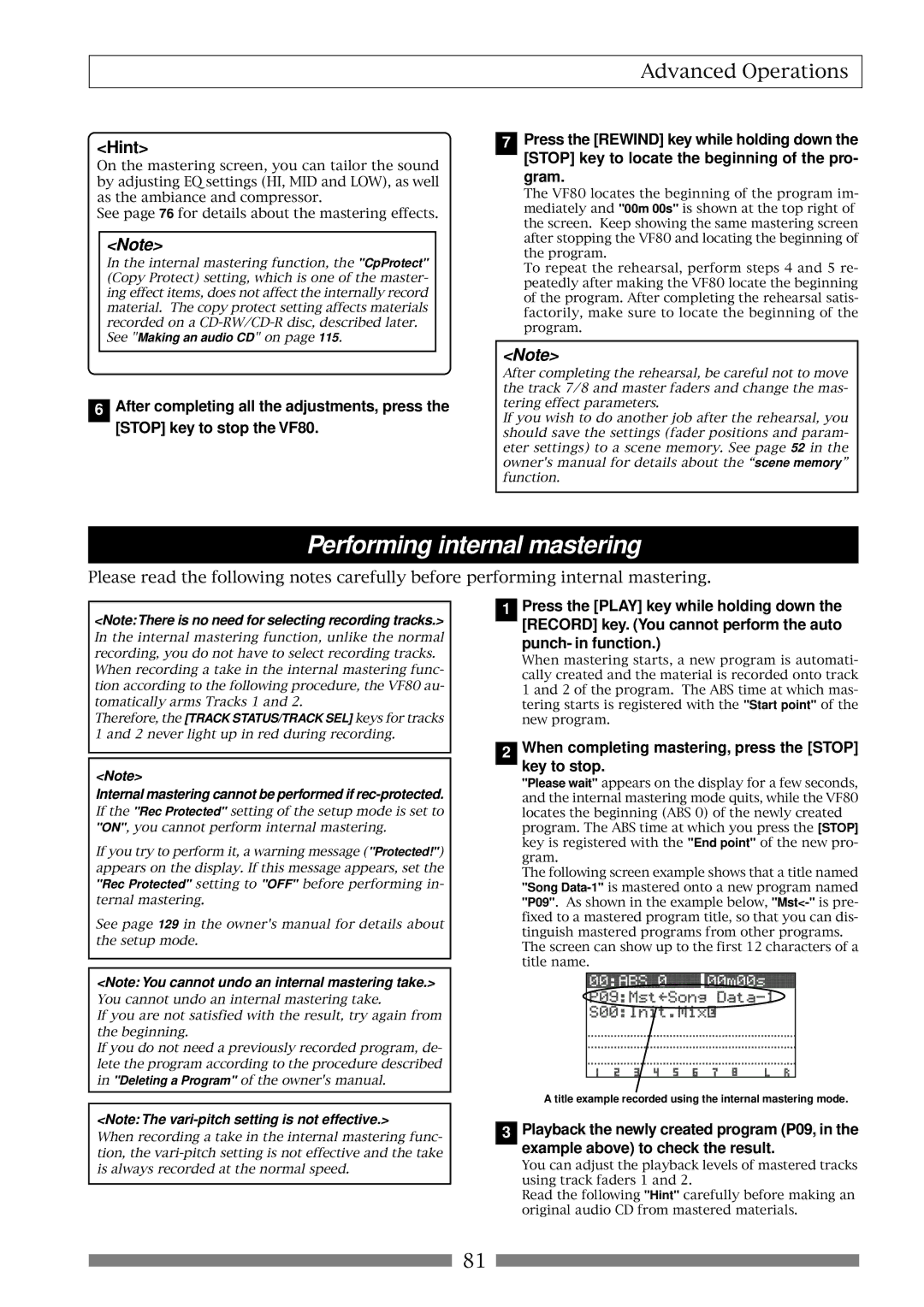 Fostex VF80 owner manual Gram, Punch- in function, When completing mastering, press the Stop Key to stop 