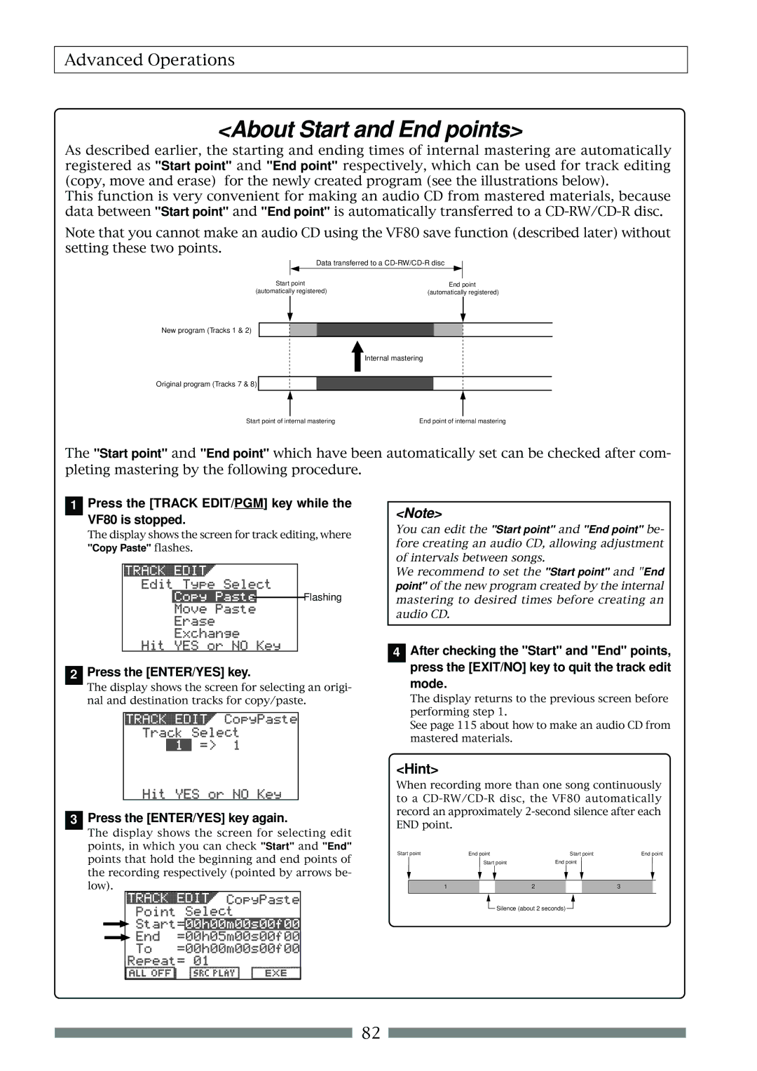 Fostex About Start and End points, Press the Track EDIT/PGM key while VF80 is stopped, Press the ENTER/YES key, Mode 