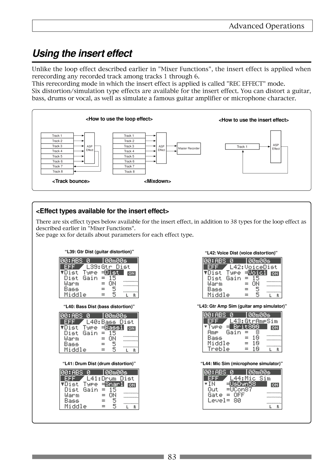 Fostex VF80 owner manual Using the insert effect, Effect types available for the insert effect, Track bounce, Mixdown 