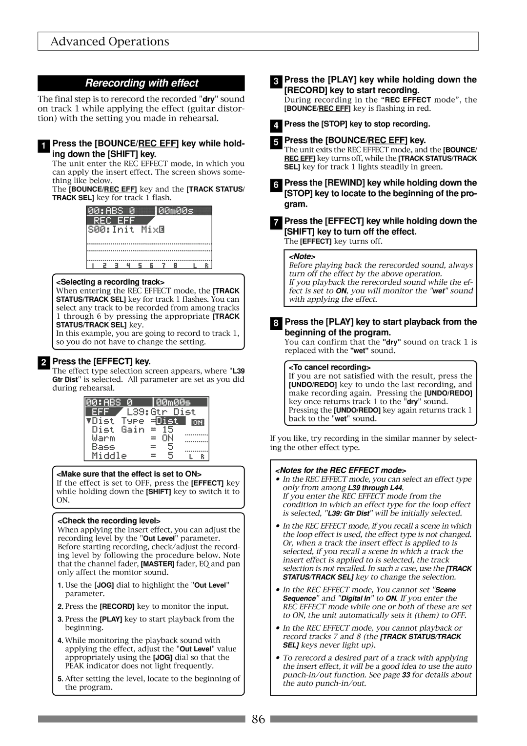 Fostex VF80 owner manual Rerecording with effect, Press the Effect key, Press the BOUNCE/REC EFF key 