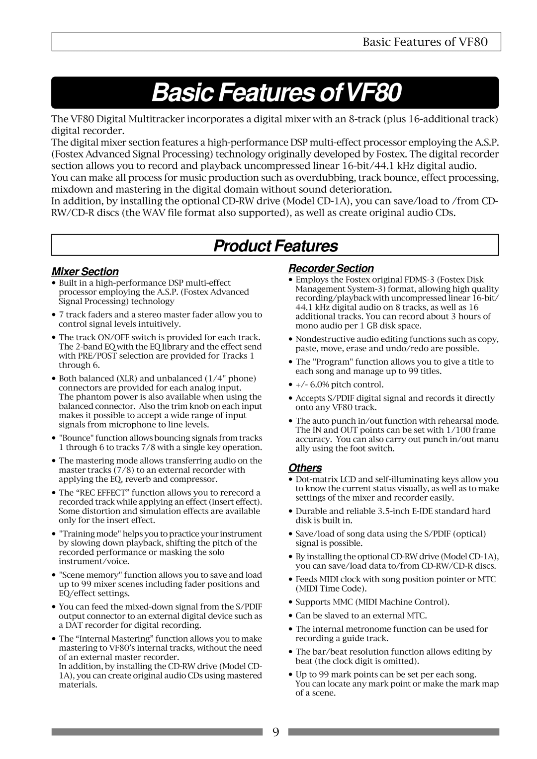 Fostex owner manual Basic Features ofVF80, Product Features 