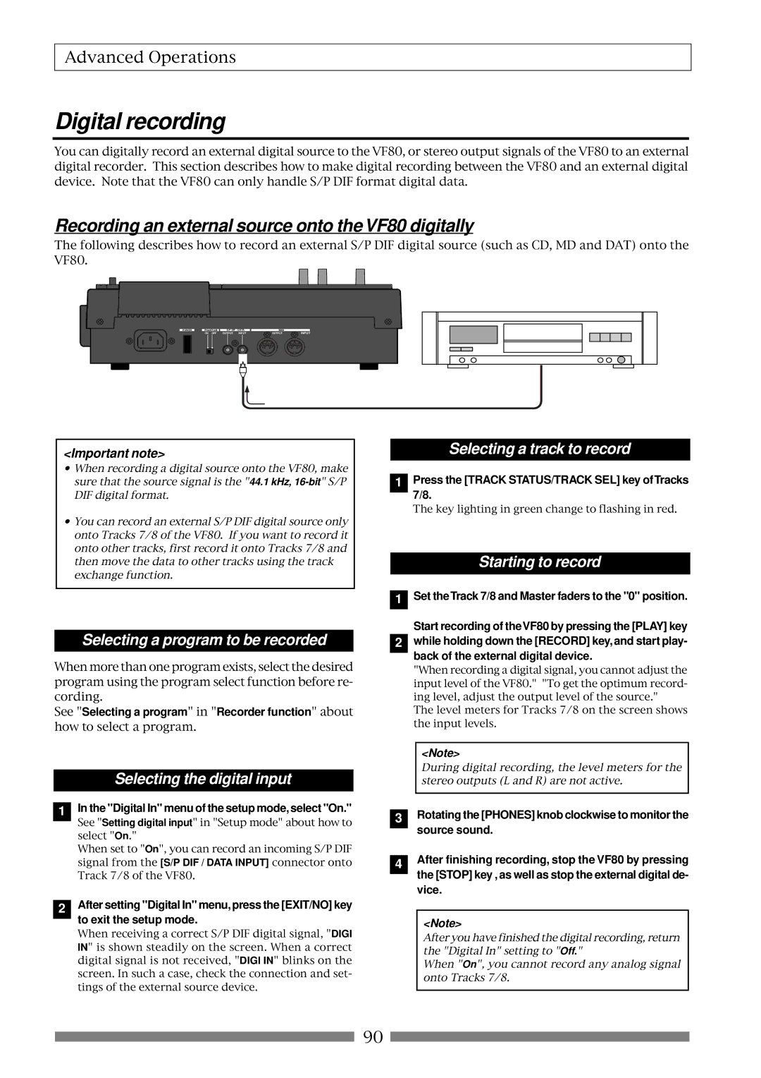 Fostex owner manual Digital recording, Recording an external source onto the VF80 digitally 