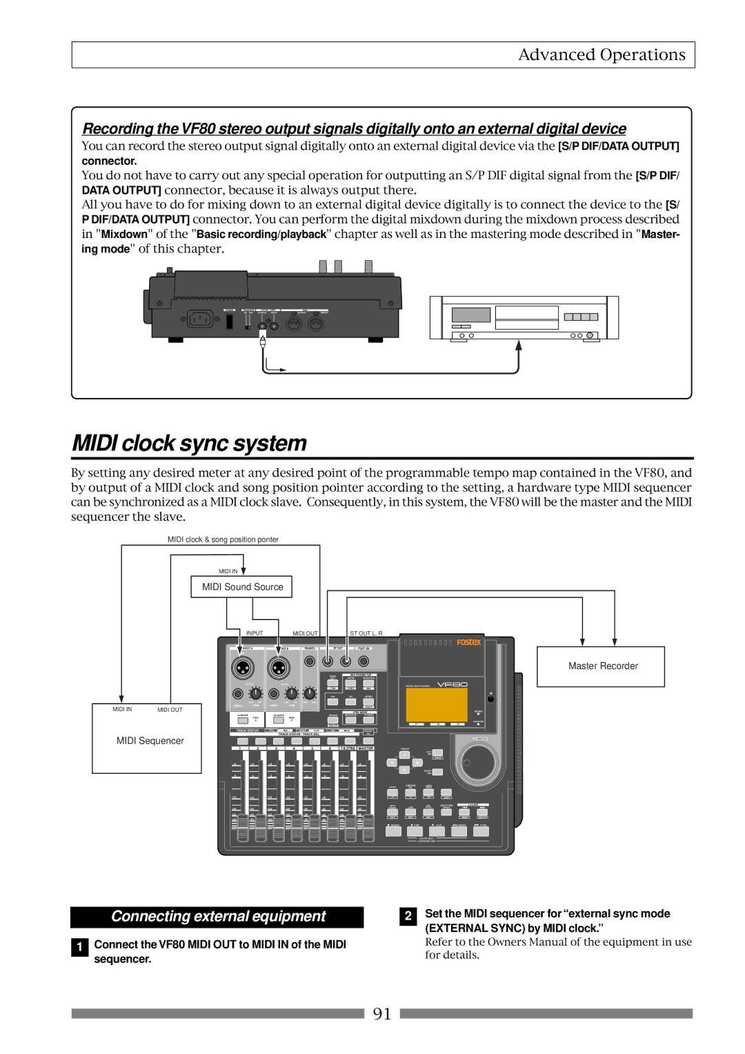 Fostex VF80 owner manual Midi clock sync system, Connecting external equipment, Connector 