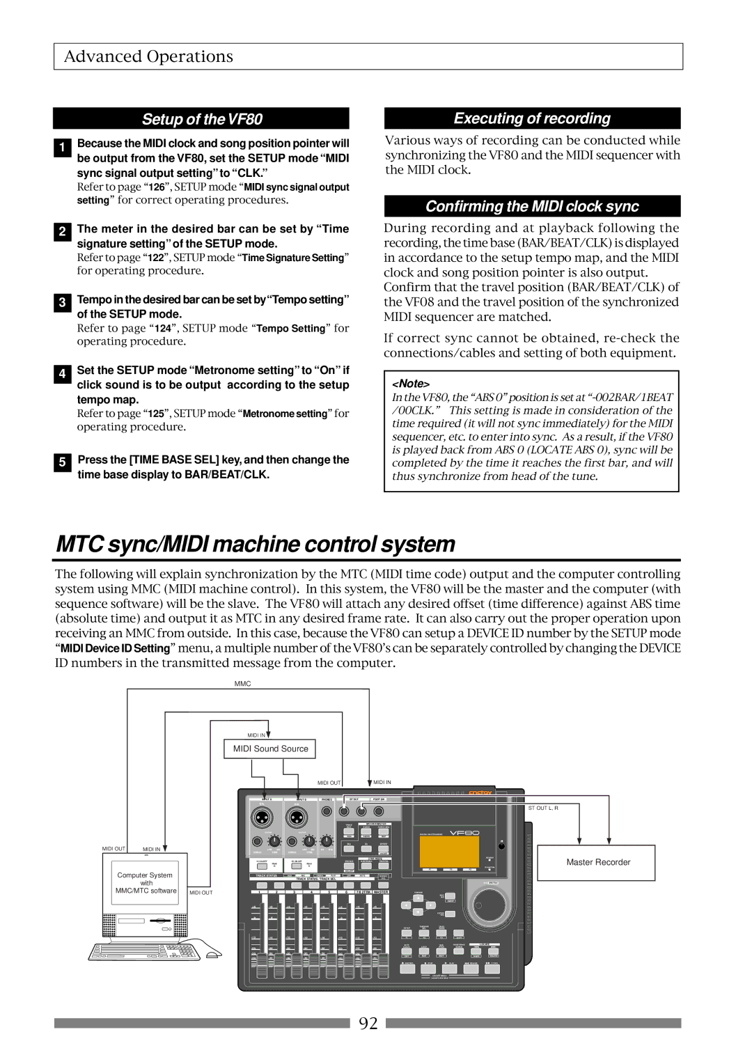 Fostex MTC sync/MIDI machine control system, Setup of the VF80, Executing of recording, Confirming the Midi clock sync 