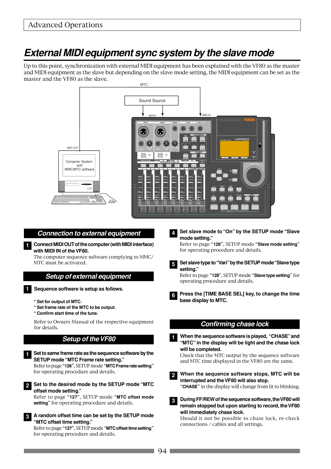 Fostex VF80 External Midi equipment sync system by the slave mode, Connection to external equipment, Confirming chase lock 