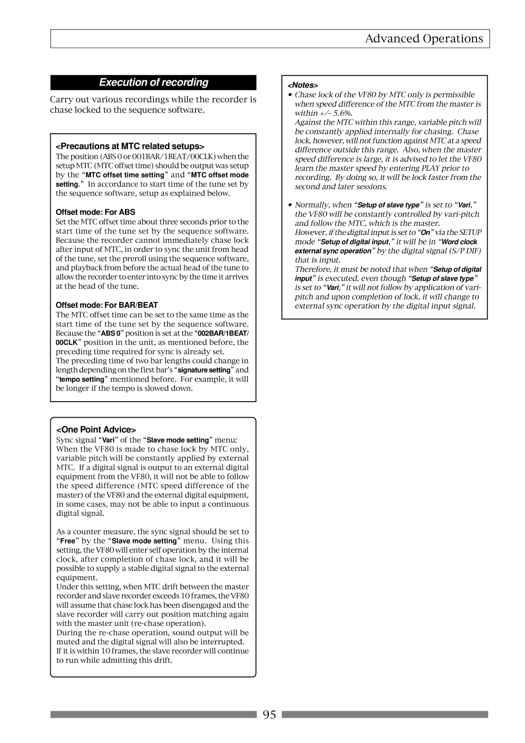 Fostex VF80 owner manual Precautions at MTC related setups, One Point Advice, Offset mode For ABS, Offset mode For BAR/BEAT 