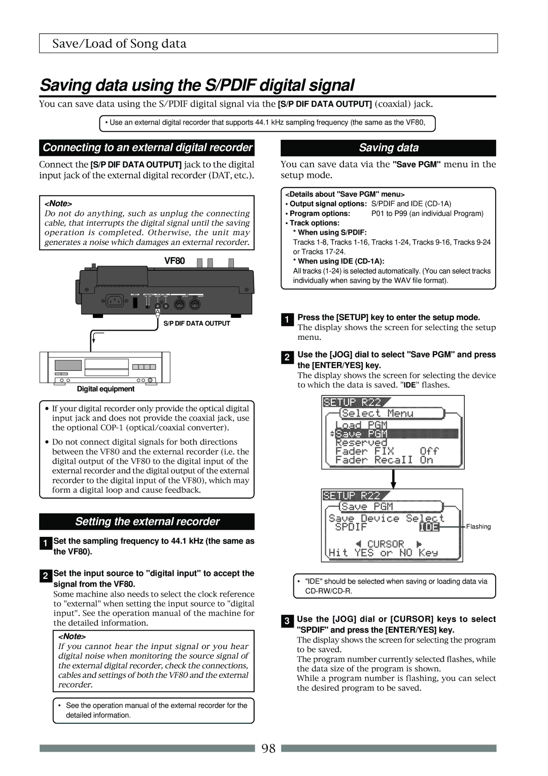 Fostex VF80 owner manual Saving data using the S/PDIF digital signal, Connecting to an external digital recorder 