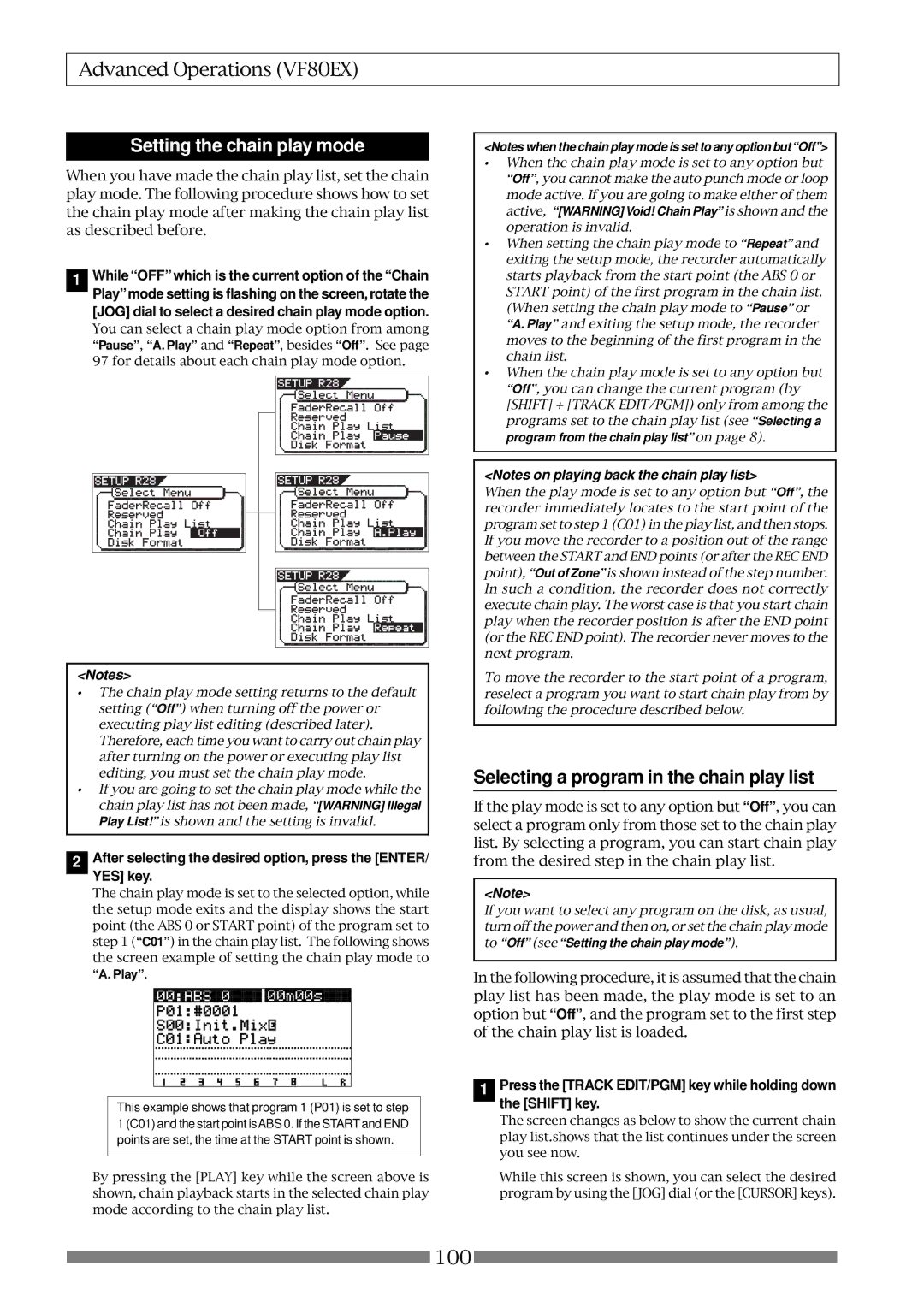 Fostex VF80EX owner manual Setting the chain play mode, Selecting a program in the chain play list, Play 