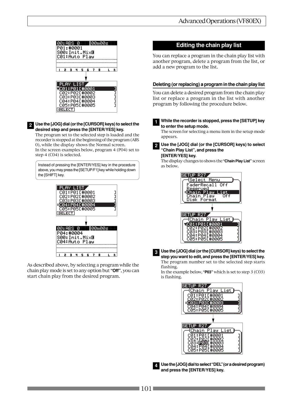 Fostex VF80EX owner manual Editing the chain play list, Deleting or replacing a program in the chain play list 