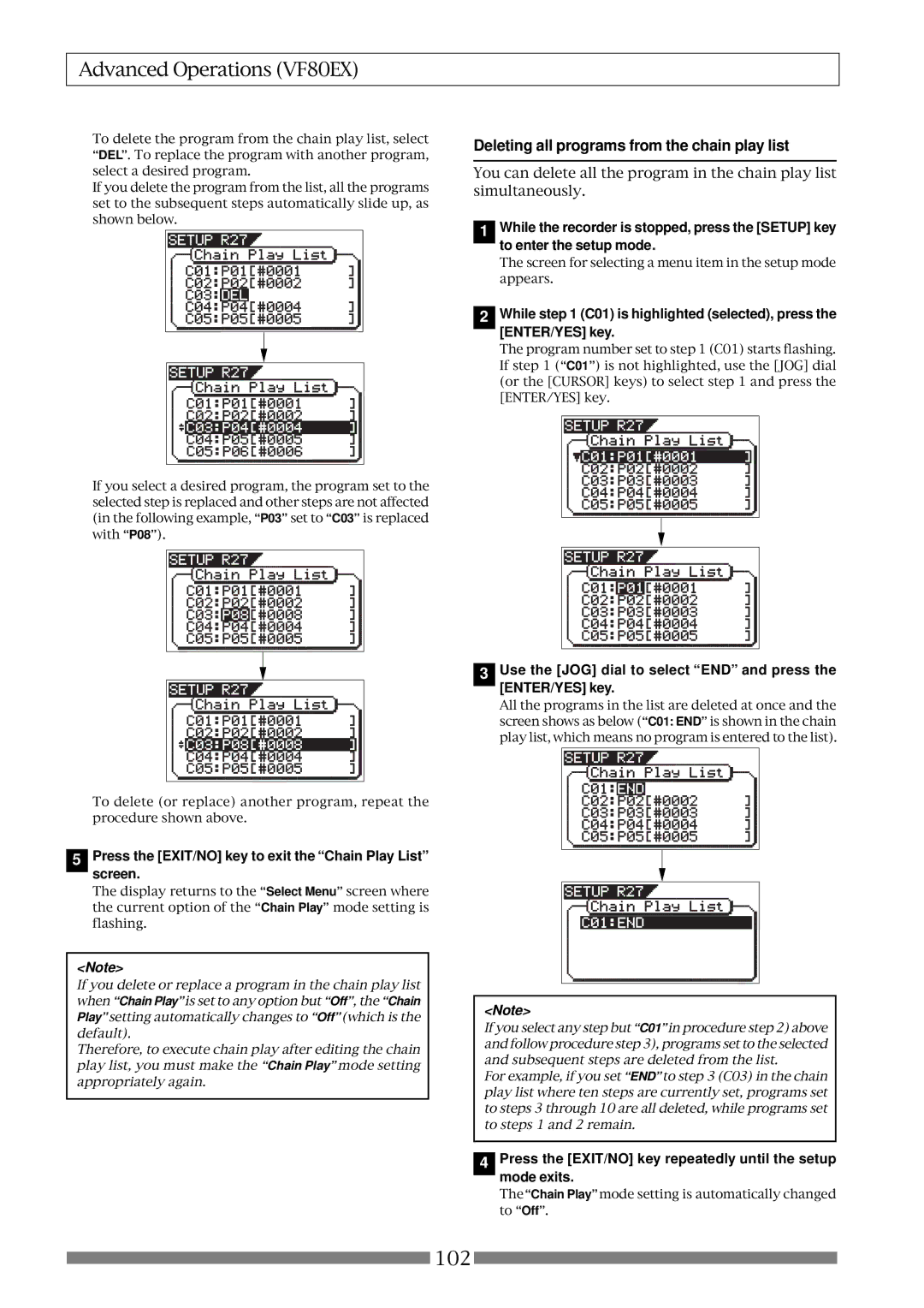 Fostex VF80EX Deleting all programs from the chain play list, While C01 is highlighted selected, press the ENTER/YES key 