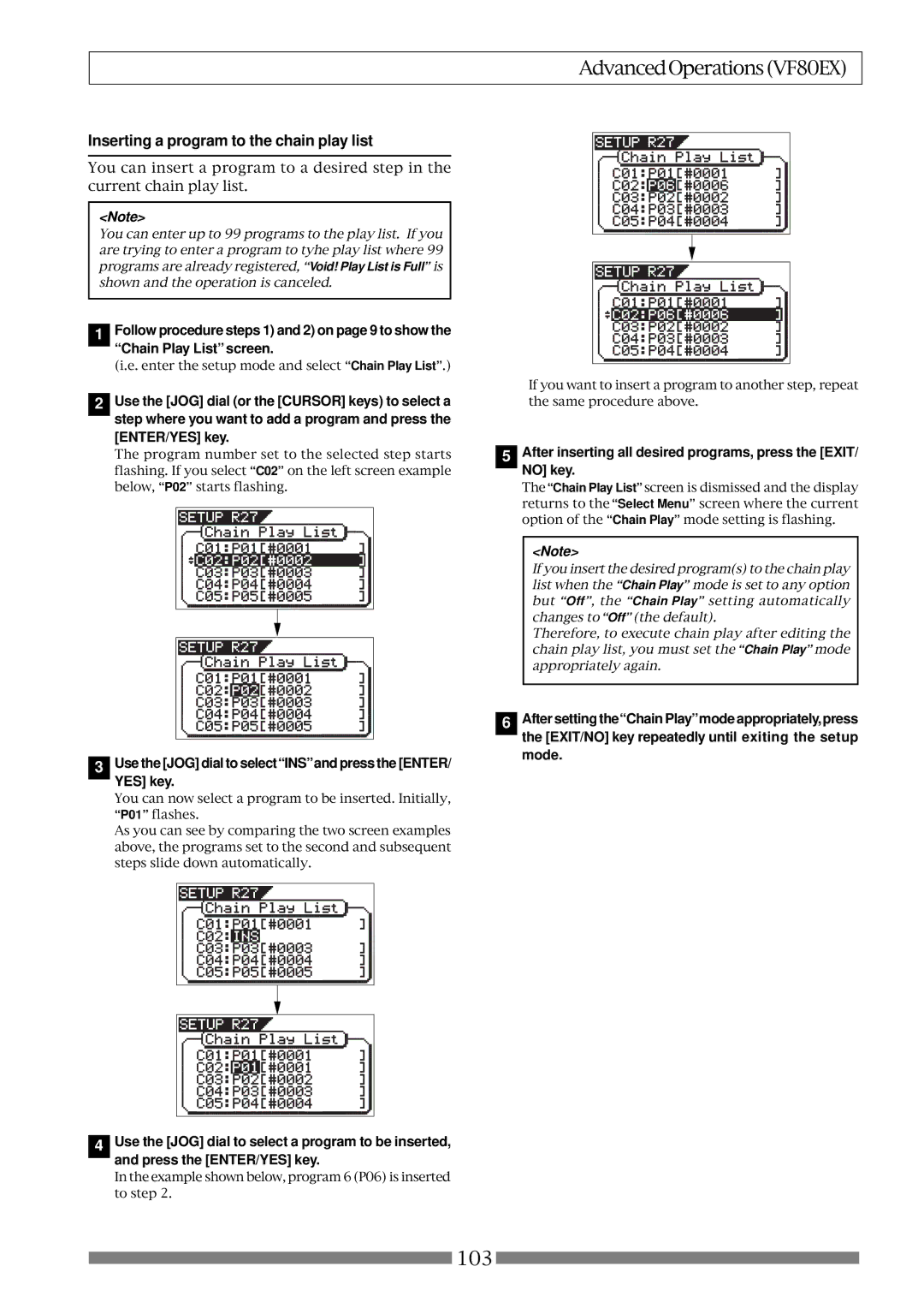 Fostex VF80EX owner manual Inserting a program to the chain play list, Chain Play List screen 