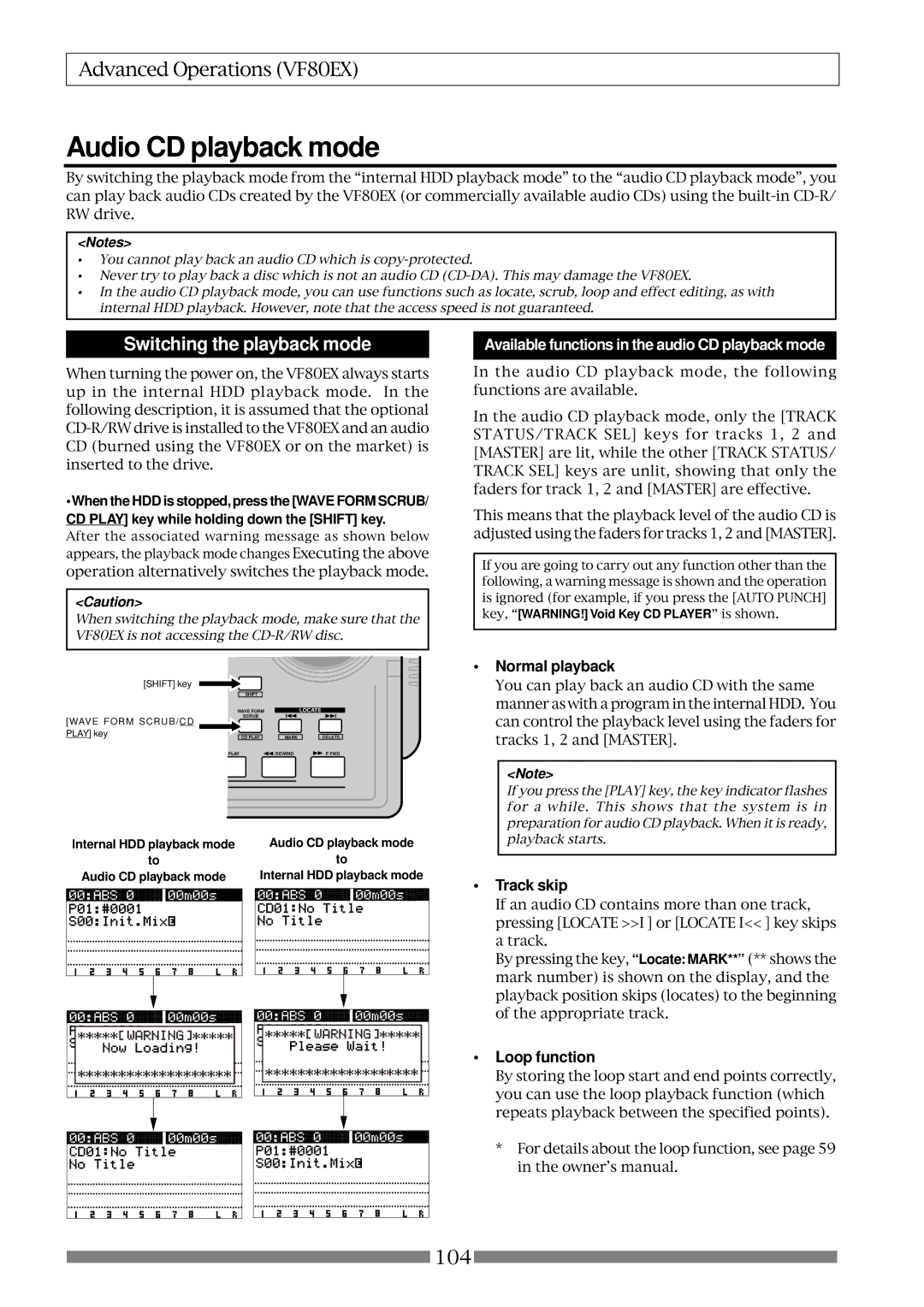 Fostex VF80EX owner manual Audio CD playback mode, Switching the playback mode, Normal playback, Track skip, Loop function 