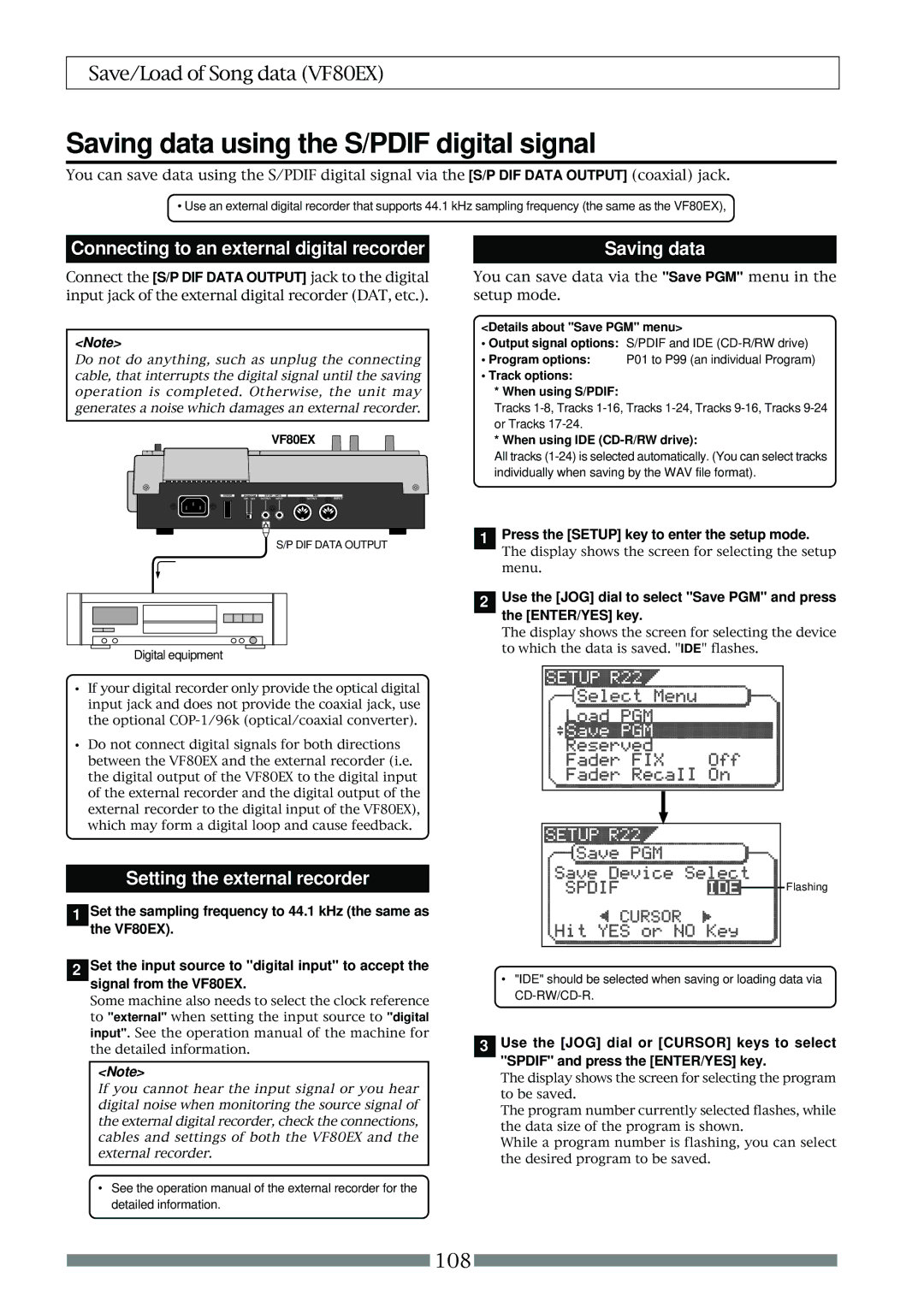 Fostex VF80EX owner manual Saving data using the S/PDIF digital signal, Connecting to an external digital recorder 