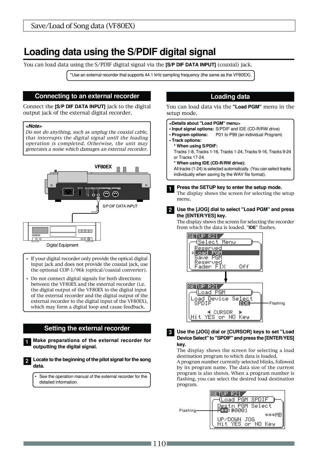 Fostex VF80EX owner manual Loading data using the S/PDIF digital signal, Connecting to an external recorder 