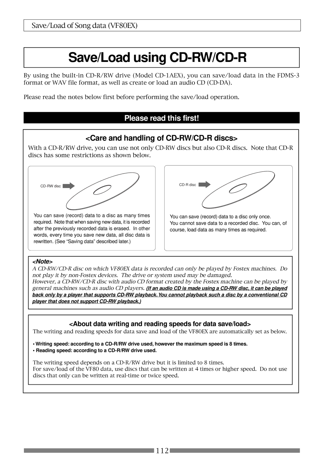 Fostex VF80EX owner manual Care and handling of CD-RW/CD-R discs, About data writing and reading speeds for data save/load 