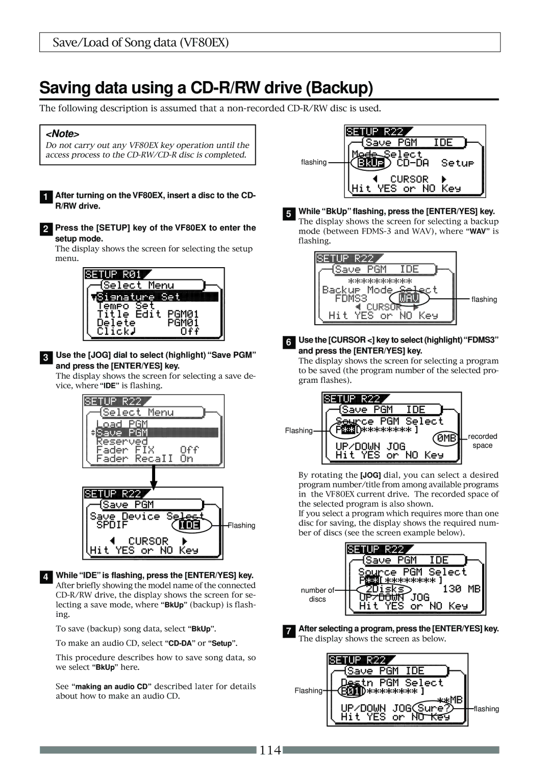 Fostex VF80EX owner manual Saving data using a CD-R/RW drive Backup, While BkUp flashing, press the ENTER/YES key 