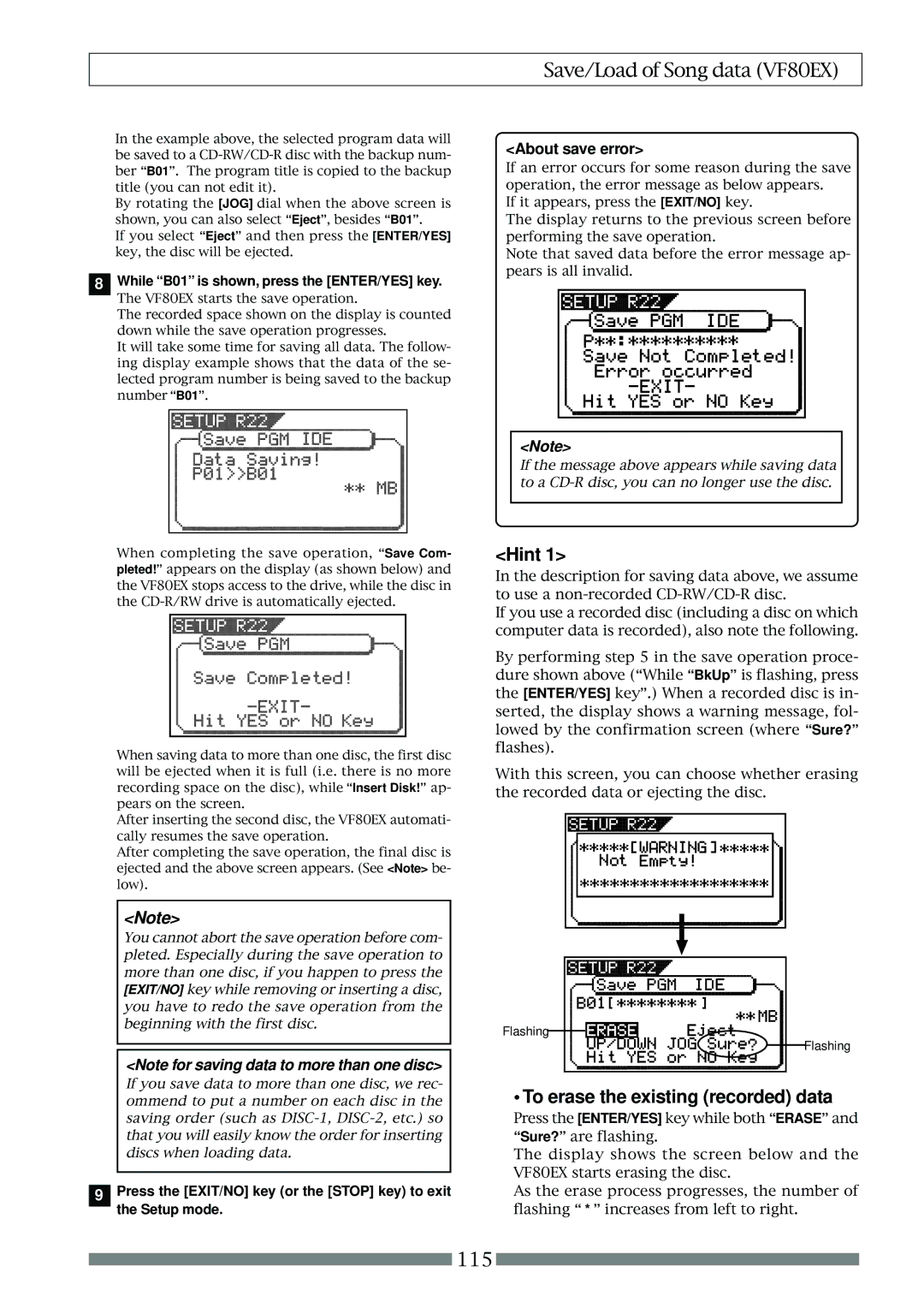 Fostex VF80EX Hint, To erase the existing recorded data, About save error, While B01 is shown, press the ENTER/YES key 
