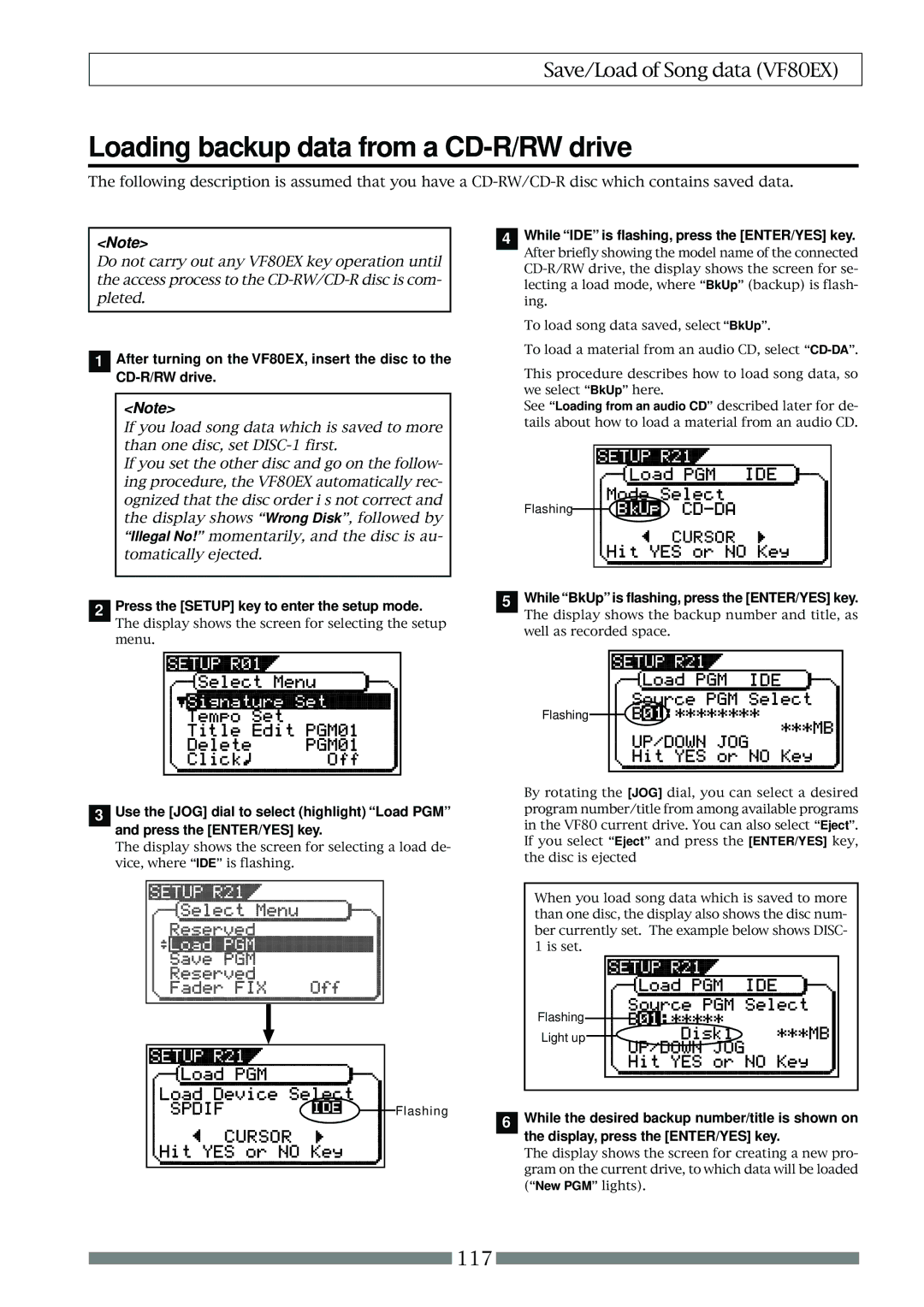 Fostex VF80EX owner manual Loading backup data from a CD-R/RW drive, While BkUp is flashing, press the ENTER/YES key 