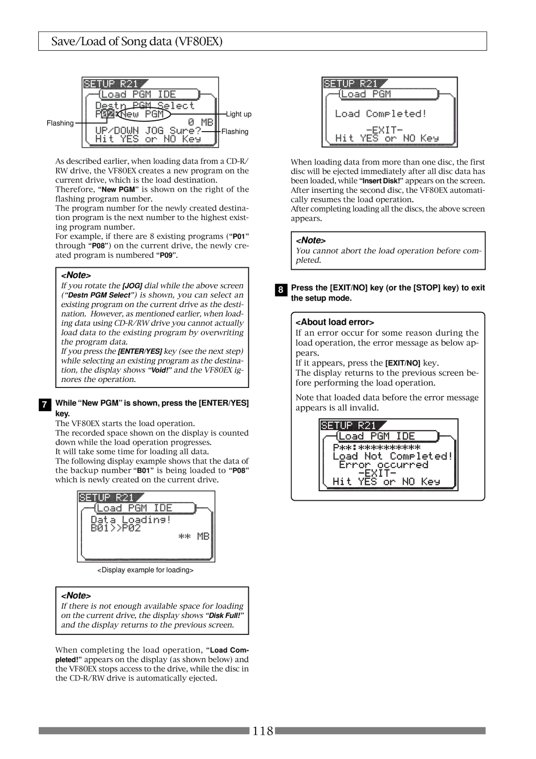 Fostex VF80EX owner manual About load error, While New PGM is shown, press the ENTER/YES key 