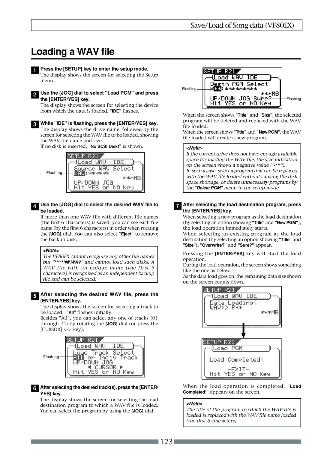 Fostex VF80EX owner manual Loading a WAV file, Use the JOG dial to select Load PGM and press ENTER/YES key 