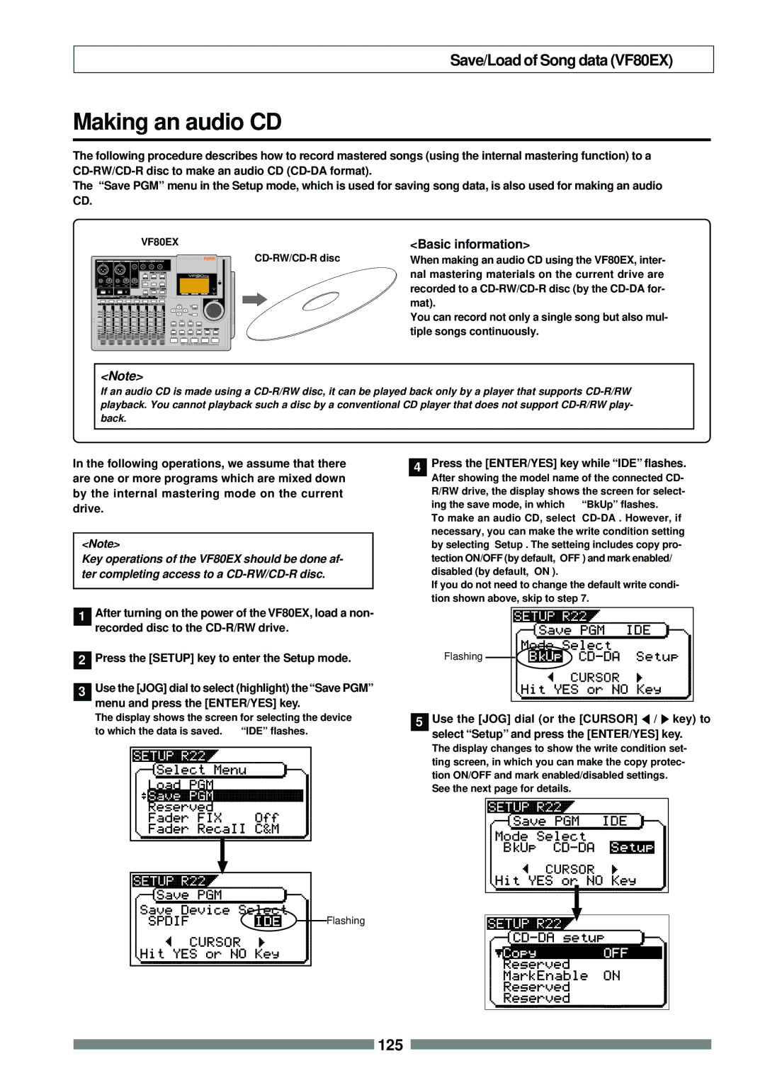 Fostex VF80EX Making an audio CD, Basic information, Press the ENTER/YES key while IDE flashes, CD-RW/CD-R disc 