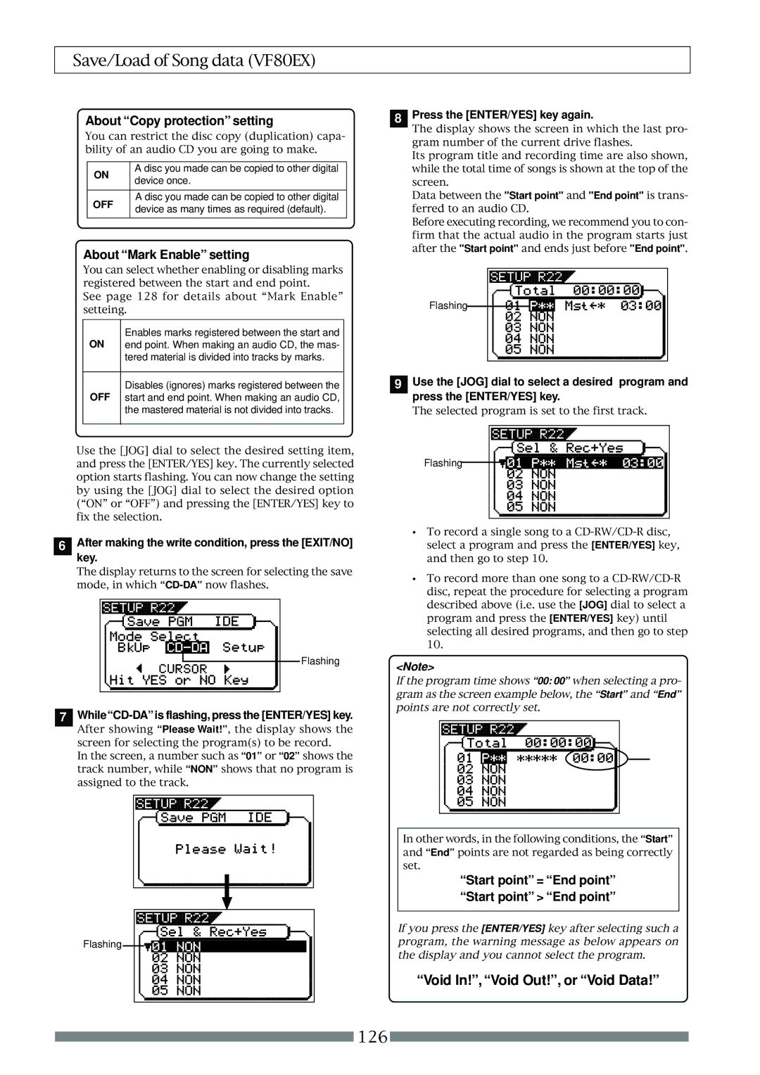 Fostex VF80EX About Copy protection setting, About Mark Enable setting, WhileCD-DA is flashing, press the ENTER/YES key 