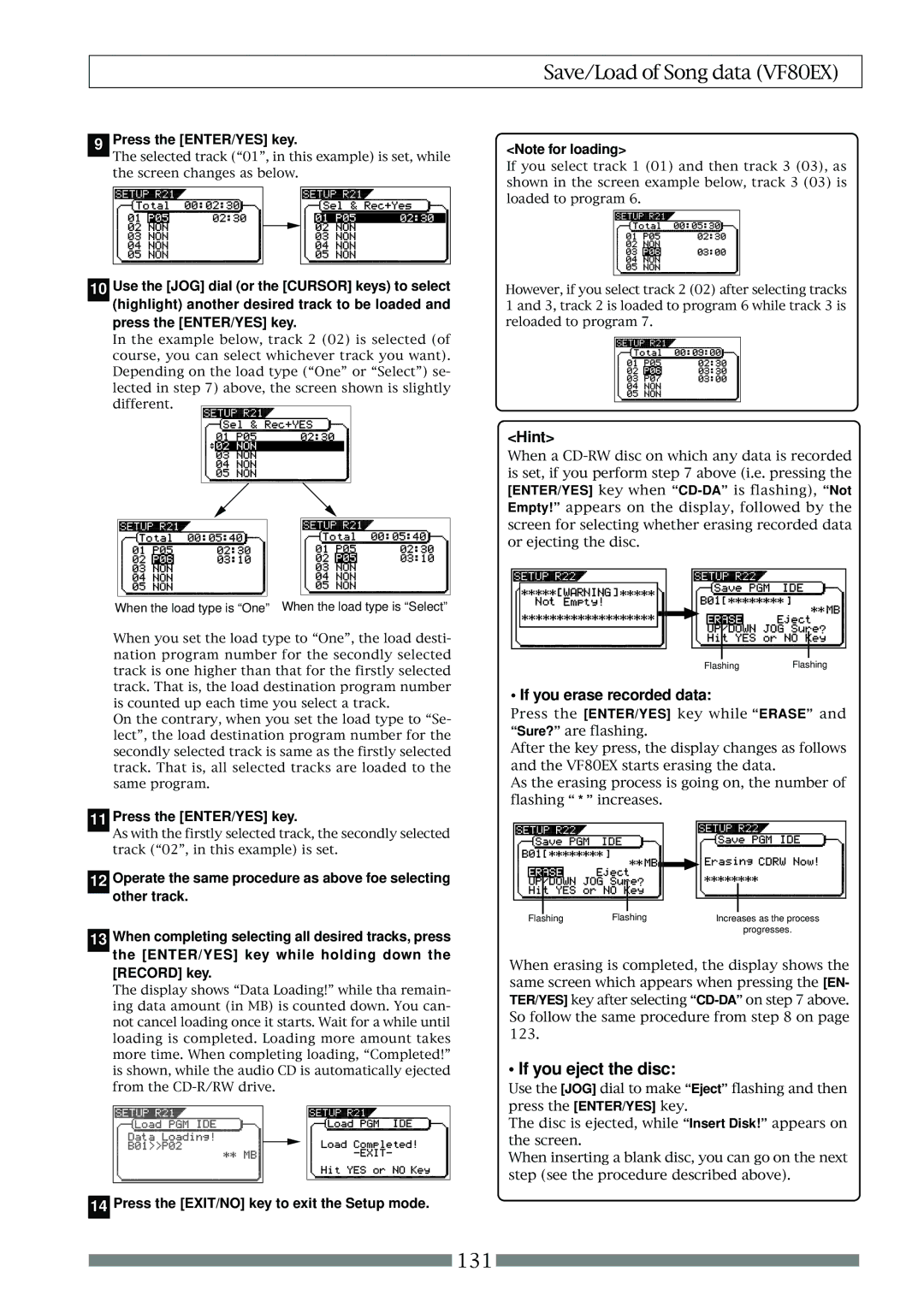 Fostex VF80EX owner manual If you erase recorded data, Press the EXIT/NO key to exit the Setup mode 