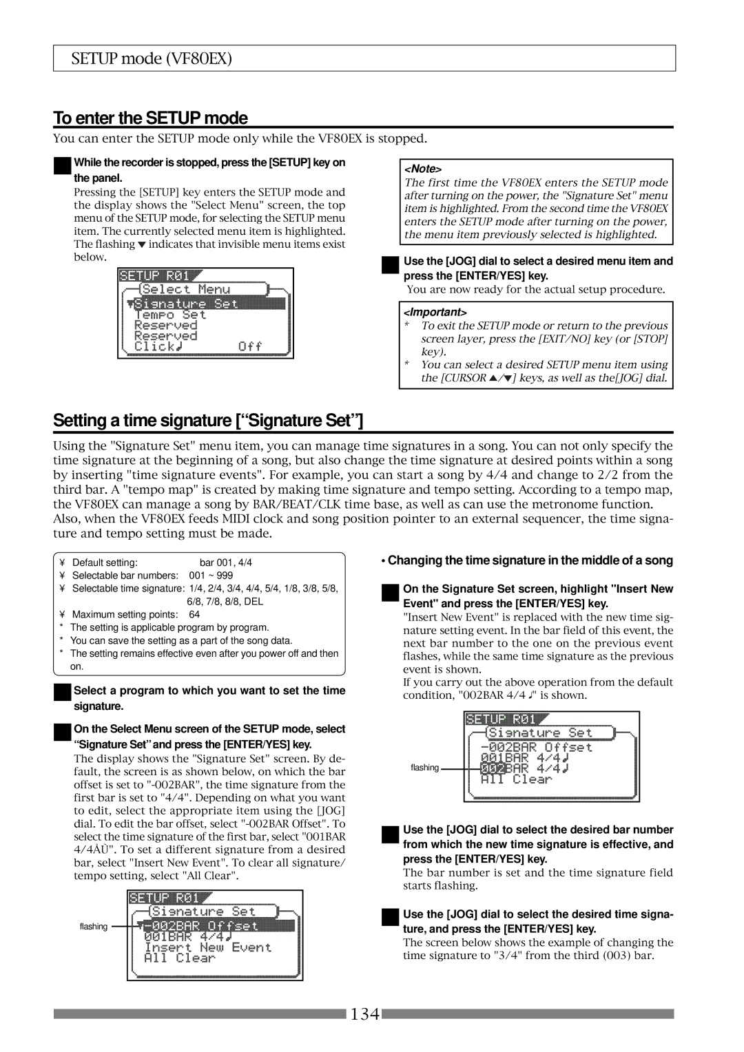 Fostex VF80EX owner manual To enter the Setup mode, Changing the time signature in the middle of a song 