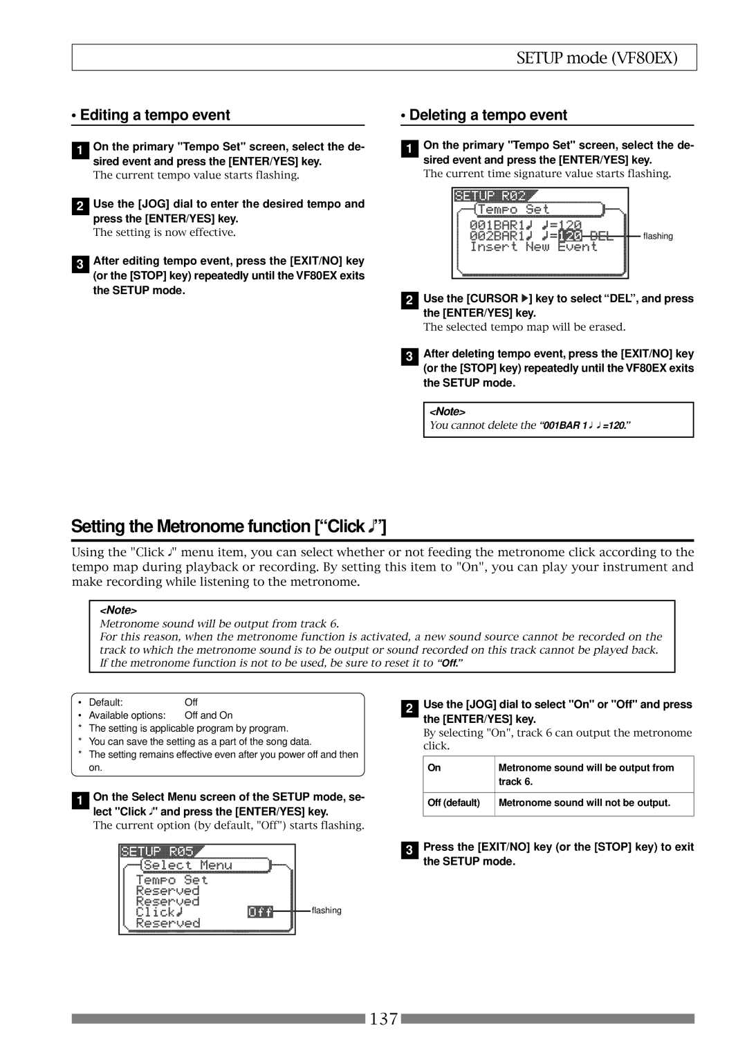 Fostex VF80EX owner manual Setting the Metronome function Click, Editing a tempo event, Deleting a tempo event, Track 
