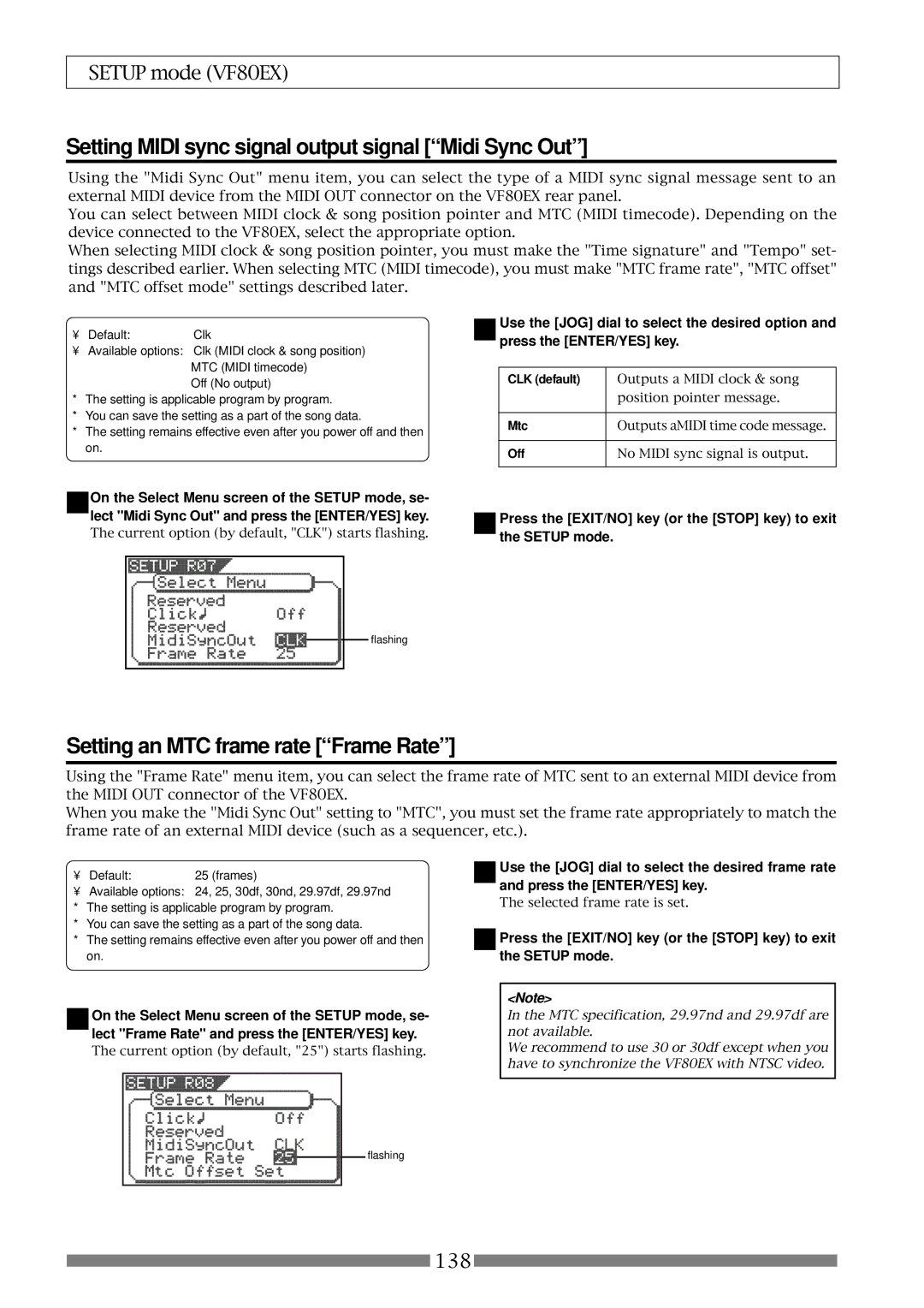 Fostex VF80EX Setting Midi sync signal output signal Midi Sync Out, Setting an MTC frame rate Frame Rate, CLK default, Mtc 