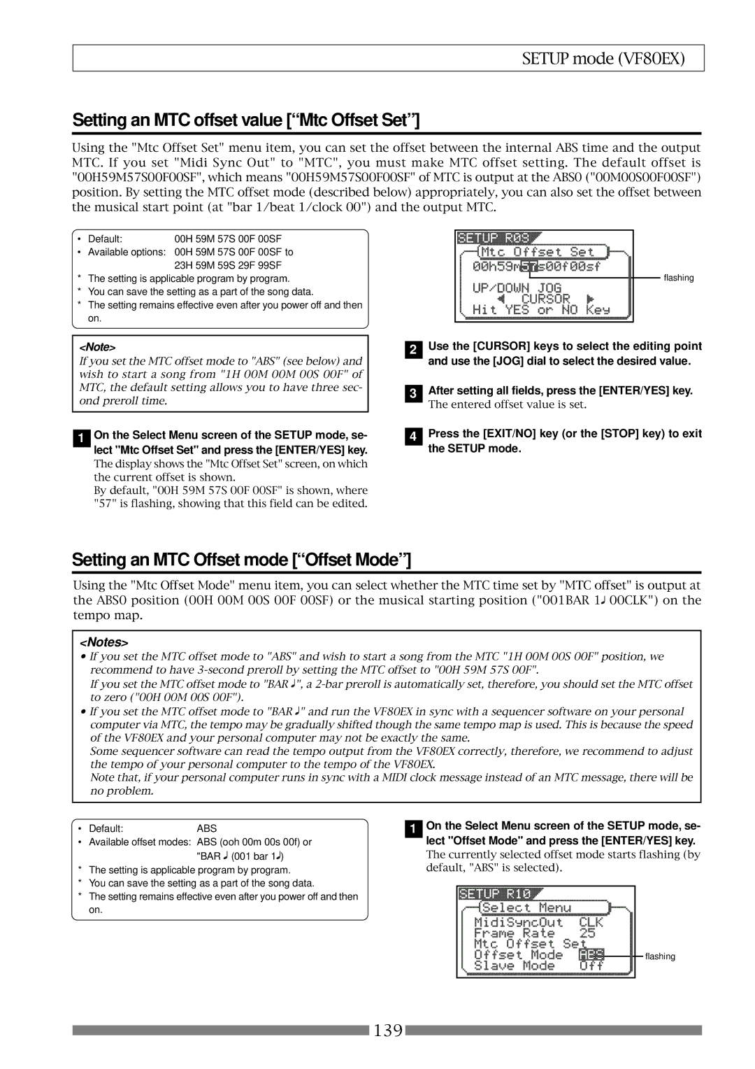 Fostex VF80EX owner manual Setting an MTC offset value Mtc Offset Set, Setting an MTC Offset mode Offset Mode 