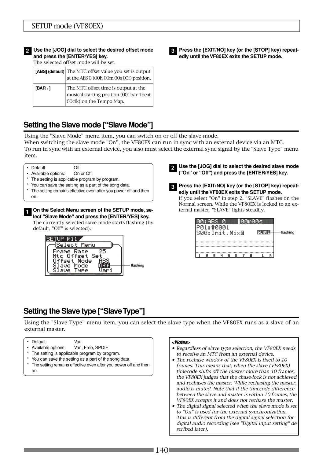 Fostex VF80EX owner manual Setting the Slave mode Slave Mode, Setting the Slave type SlaveType 