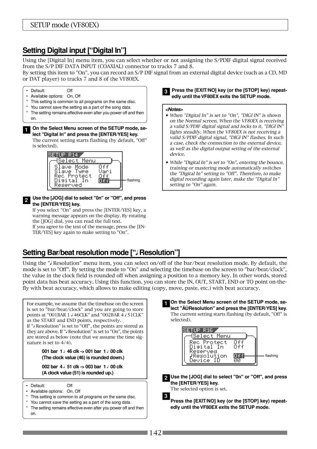 Fostex VF80EX owner manual Setting Digital input Digital, Setting Bar/beat resolution mode Resolution 