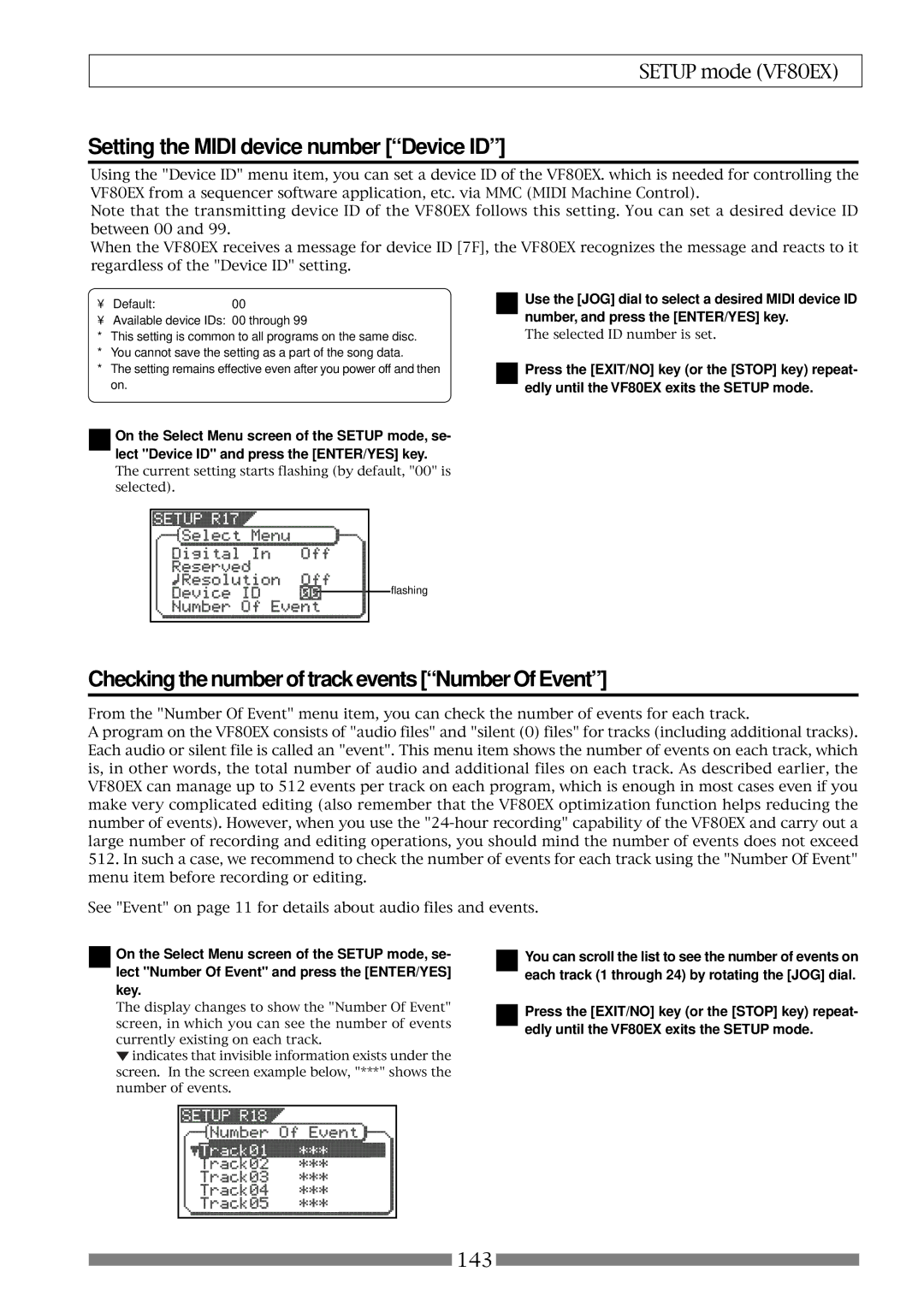 Fostex VF80EX owner manual Setting the Midi device number Device ID, Checking the number of track events Number Of Event 