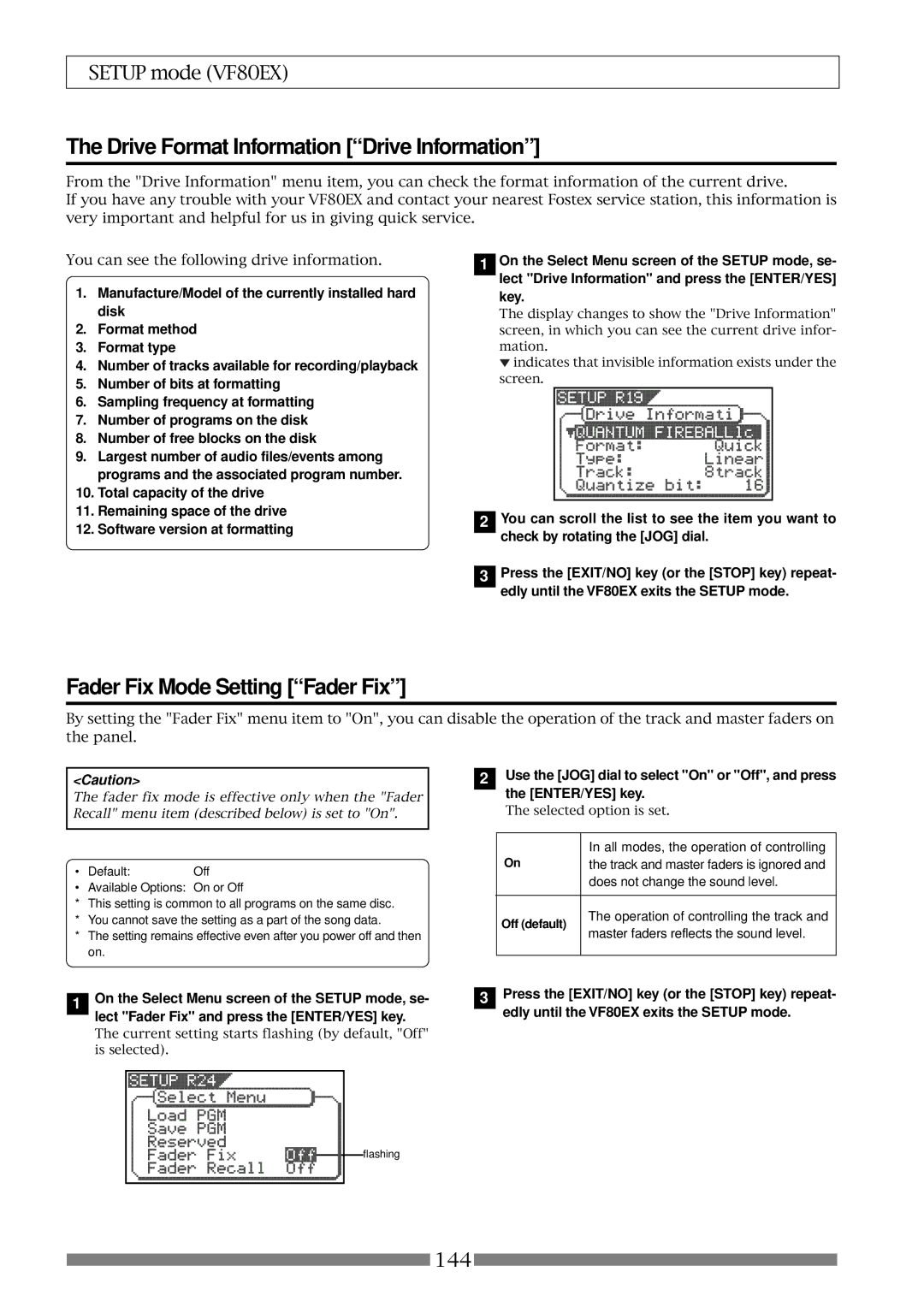 Fostex VF80EX owner manual Drive Format Information Drive Information, Fader Fix Mode Setting Fader Fix, Off default 