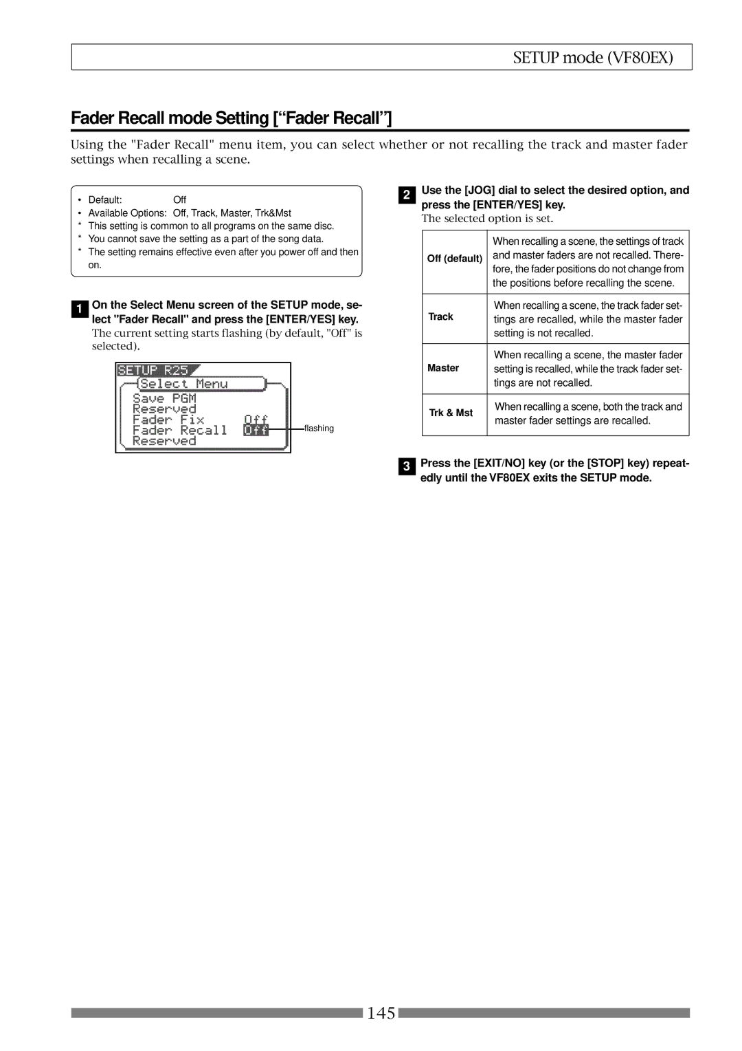 Fostex VF80EX owner manual Fader Recall mode Setting Fader Recall, Master, Trk & Mst 