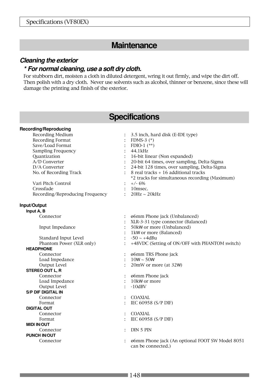 Fostex VF80EX owner manual Maintenance, Specifications, Recording/Reproducing, Input/Output, Input A, B 