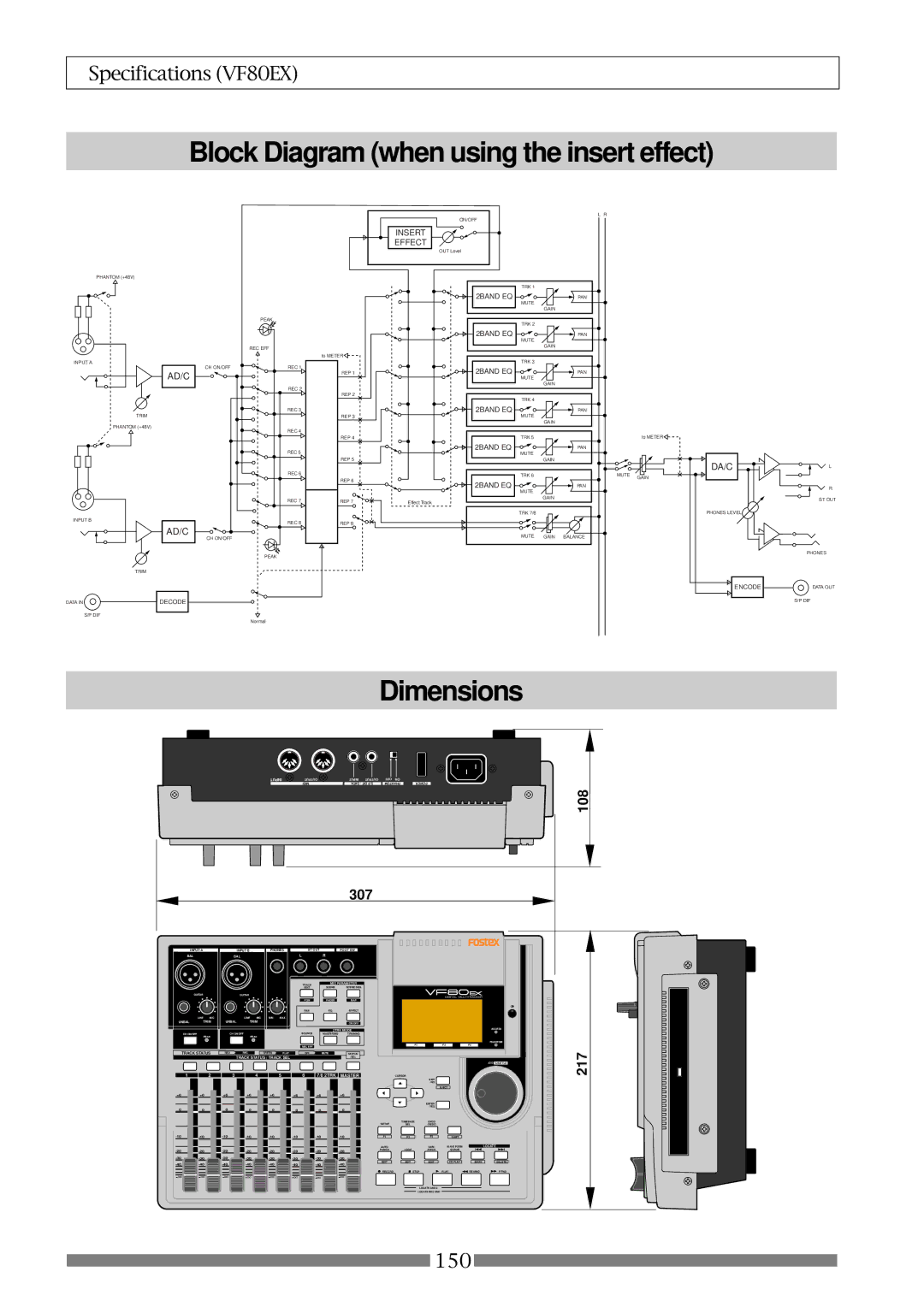 Fostex VF80EX owner manual Block Diagram when using the insert effect, Dimensions, 307 108, 217 