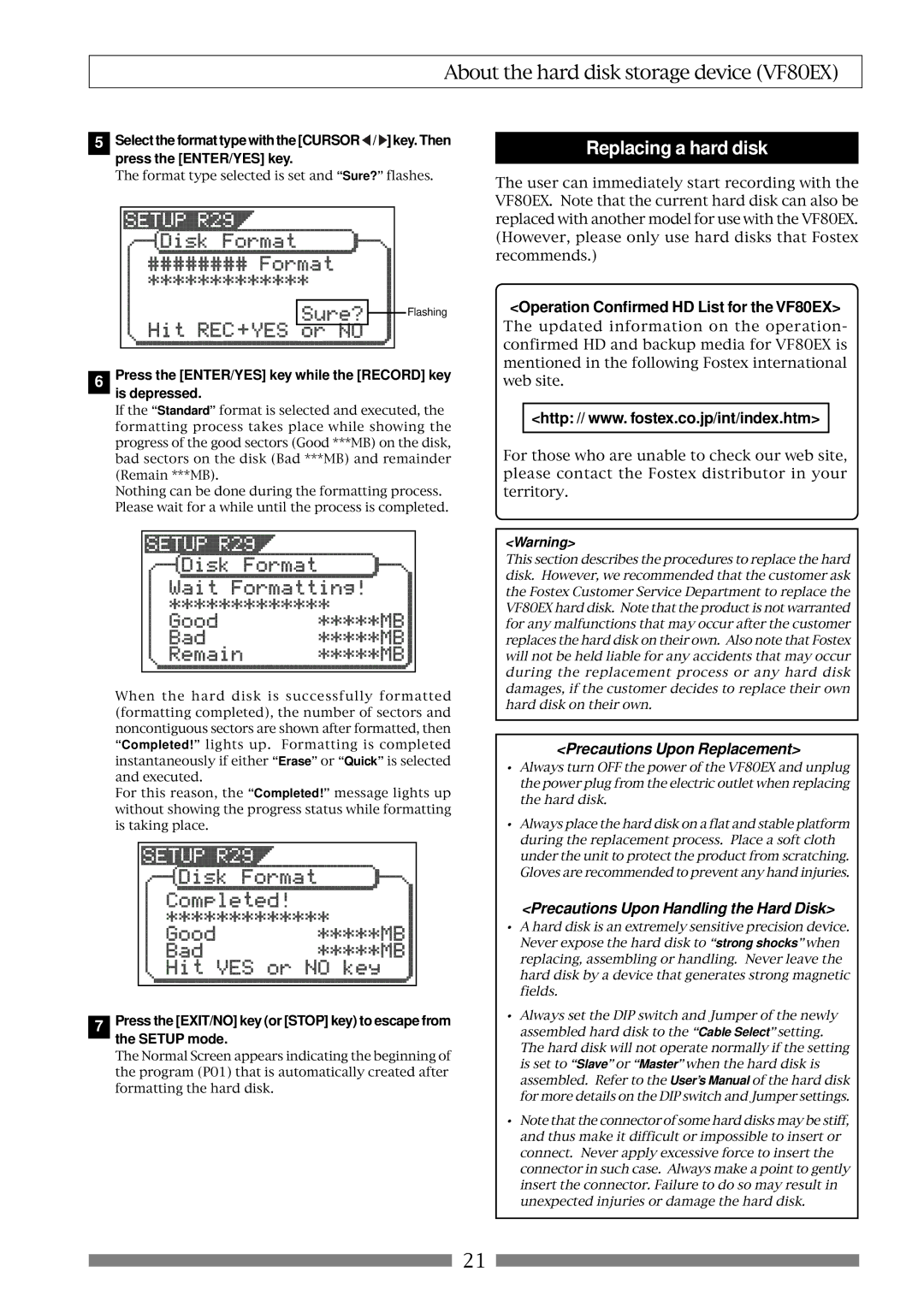 Fostex owner manual Replacing a hard disk, Operation Confirmed HD List for the VF80EX 