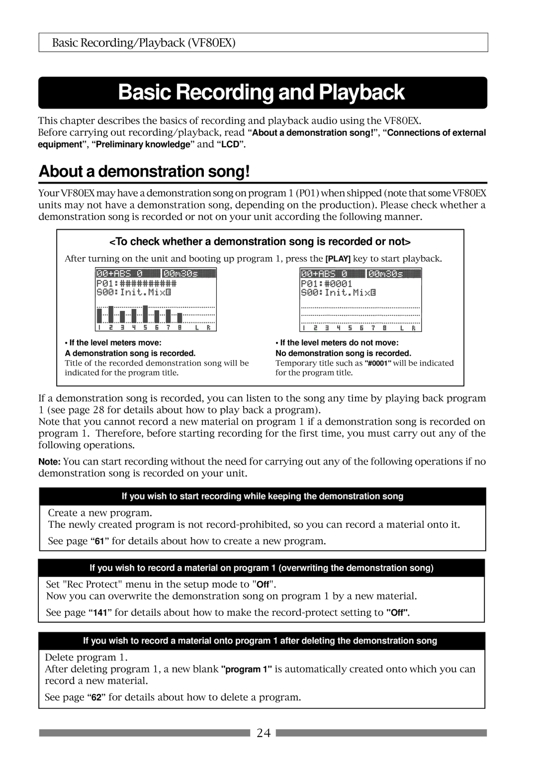 Fostex VF80EX owner manual About a demonstration song, To check whether a demonstration song is recorded or not 