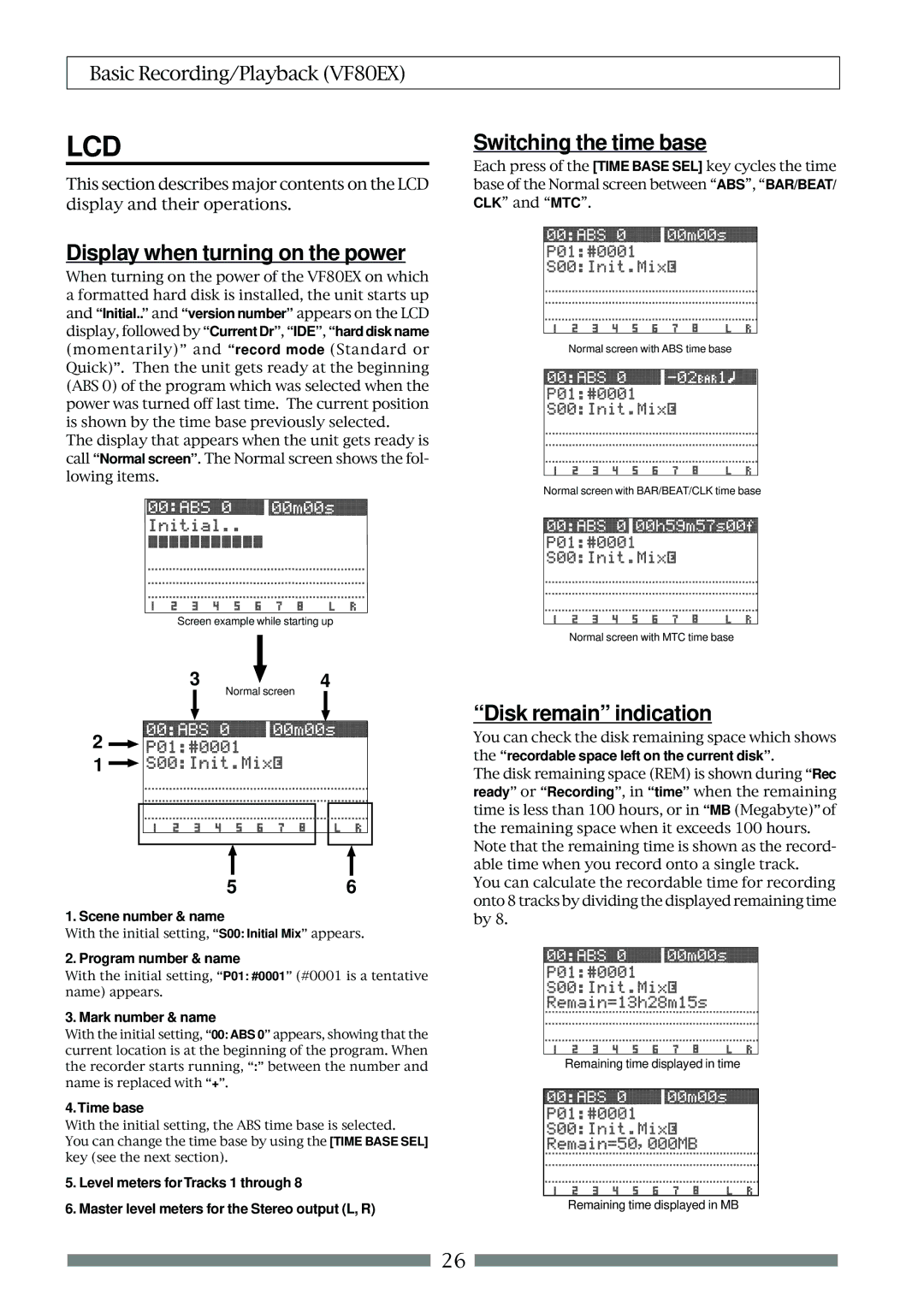 Fostex VF80EX owner manual Switching the time base, Display when turning on the power, Disk remain indication 