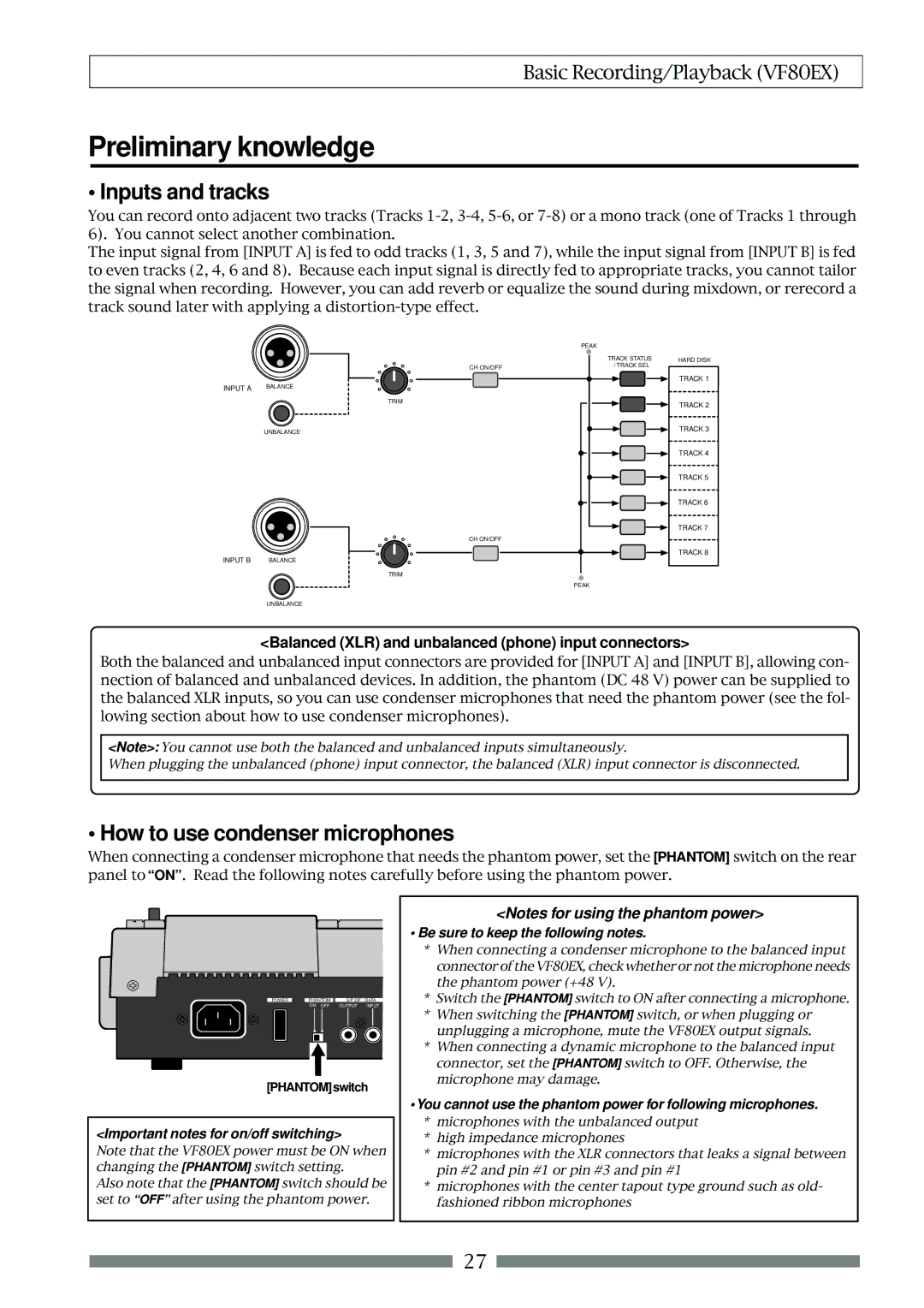 Fostex VF80EX owner manual Preliminary knowledge, Inputs and tracks, How to use condenser microphones, PHANTOMswitch 